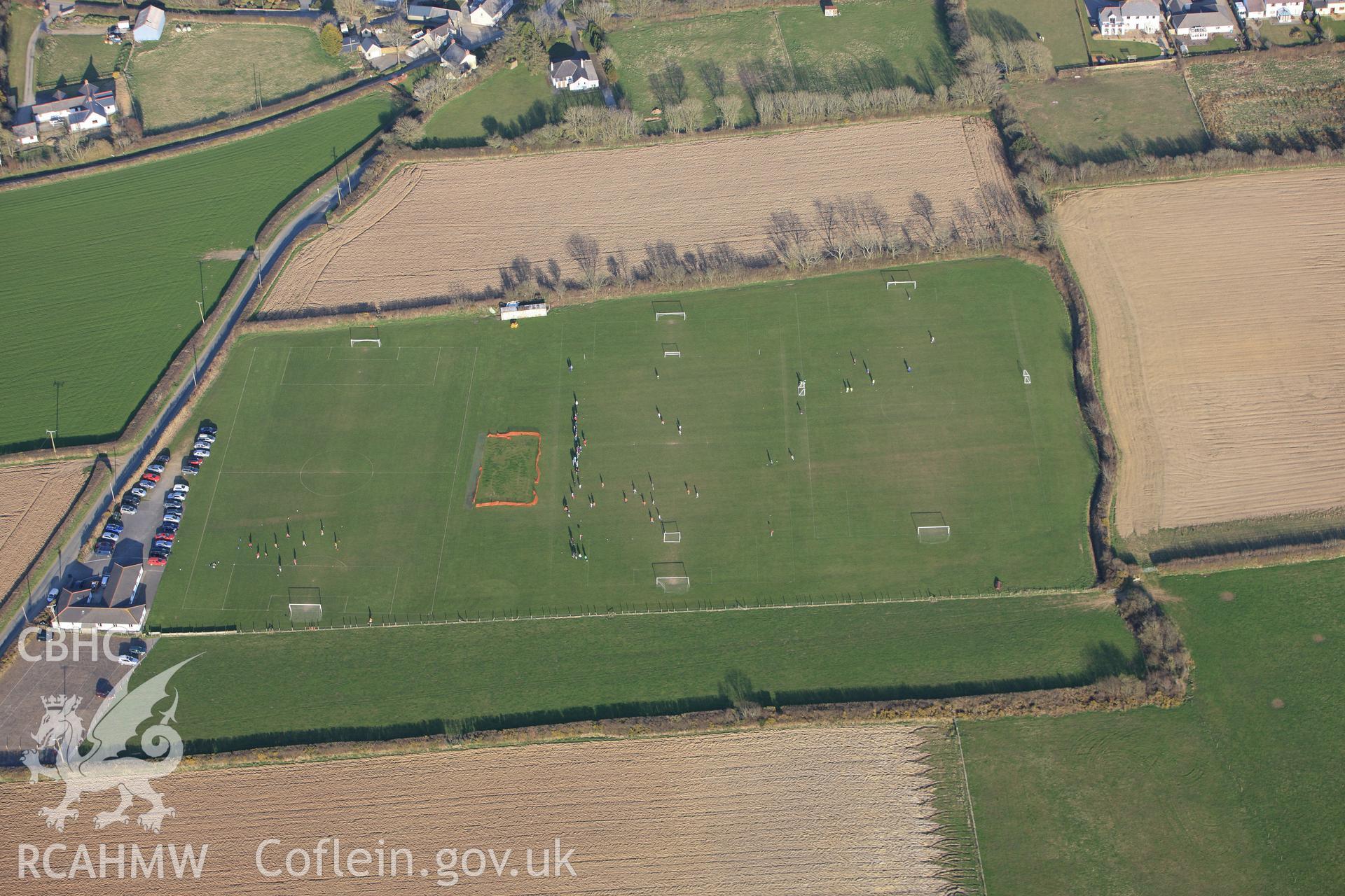 RCAHMW colour oblique aerial photograph of football tournament, Camrose Village. Taken on 13 April 2010 by Toby Driver