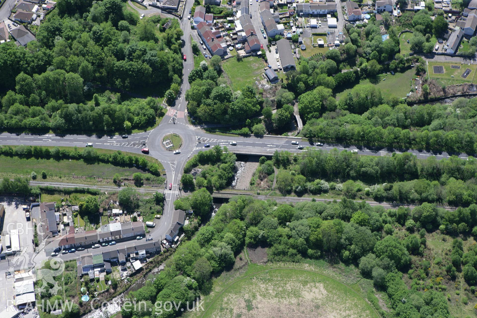 RCAHMW colour oblique photograph of Afon Cynon Iron Bridge and the Llwydcoed Tramroad. Taken by Toby Driver on 24/05/2010.