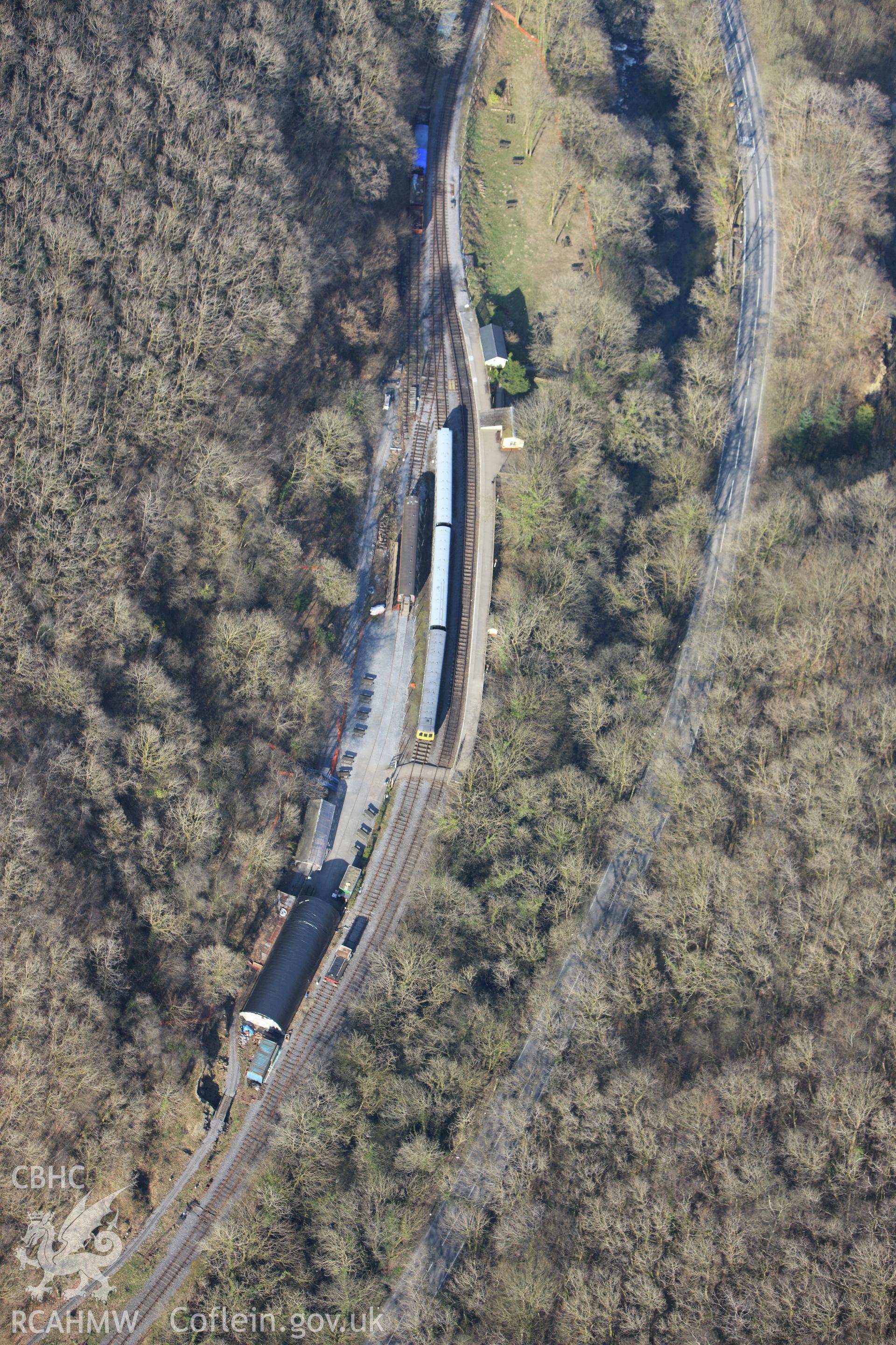 RCAHMW colour oblique aerial photograph of Gwili Railway, Carmarthen and Cardigan Railway. Taken on 13 April 2010 by Toby Driver