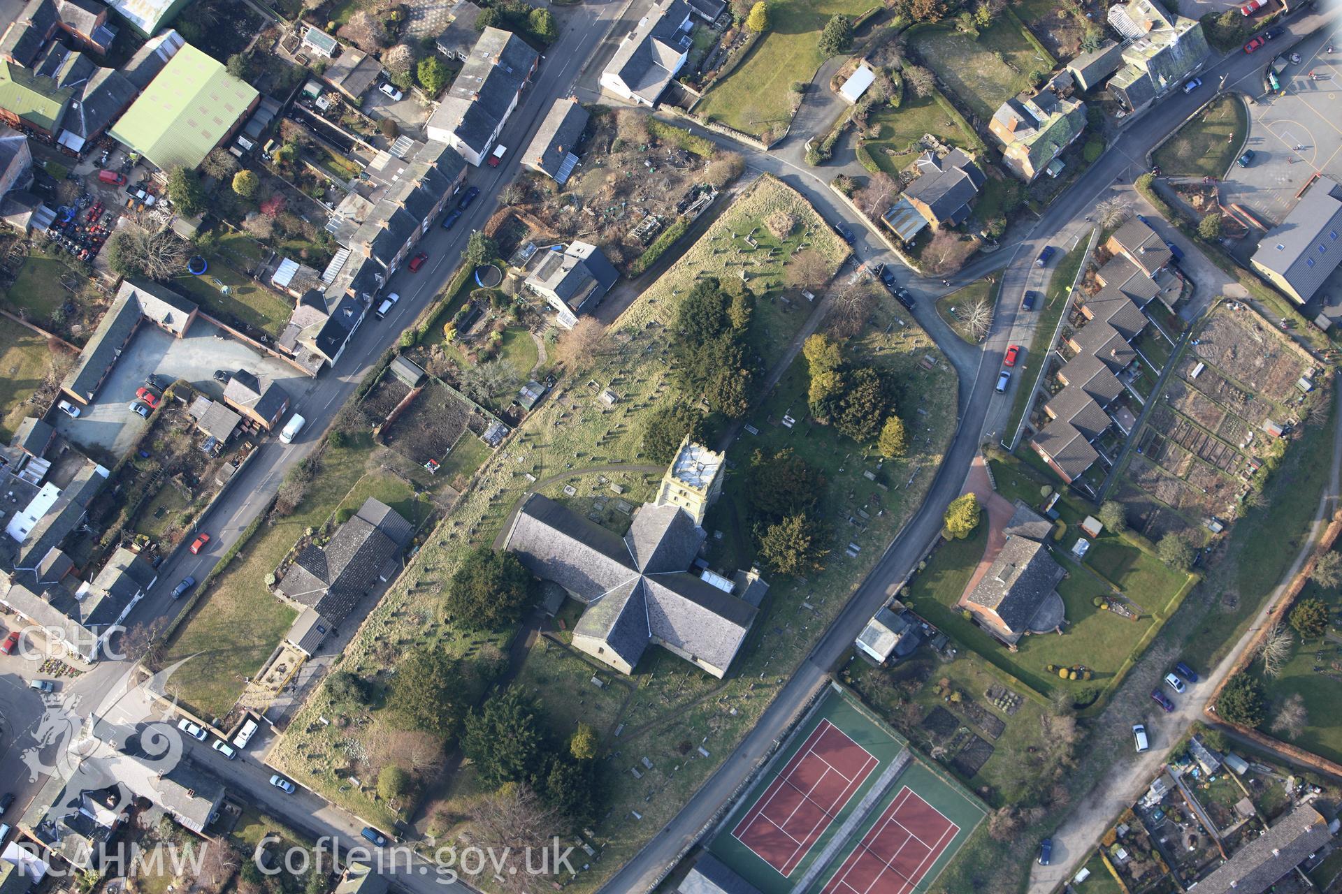 RCAHMW colour oblique photograph of St. Nicholas's Church, Montgomery. Taken by Toby Driver on 11/03/2010.