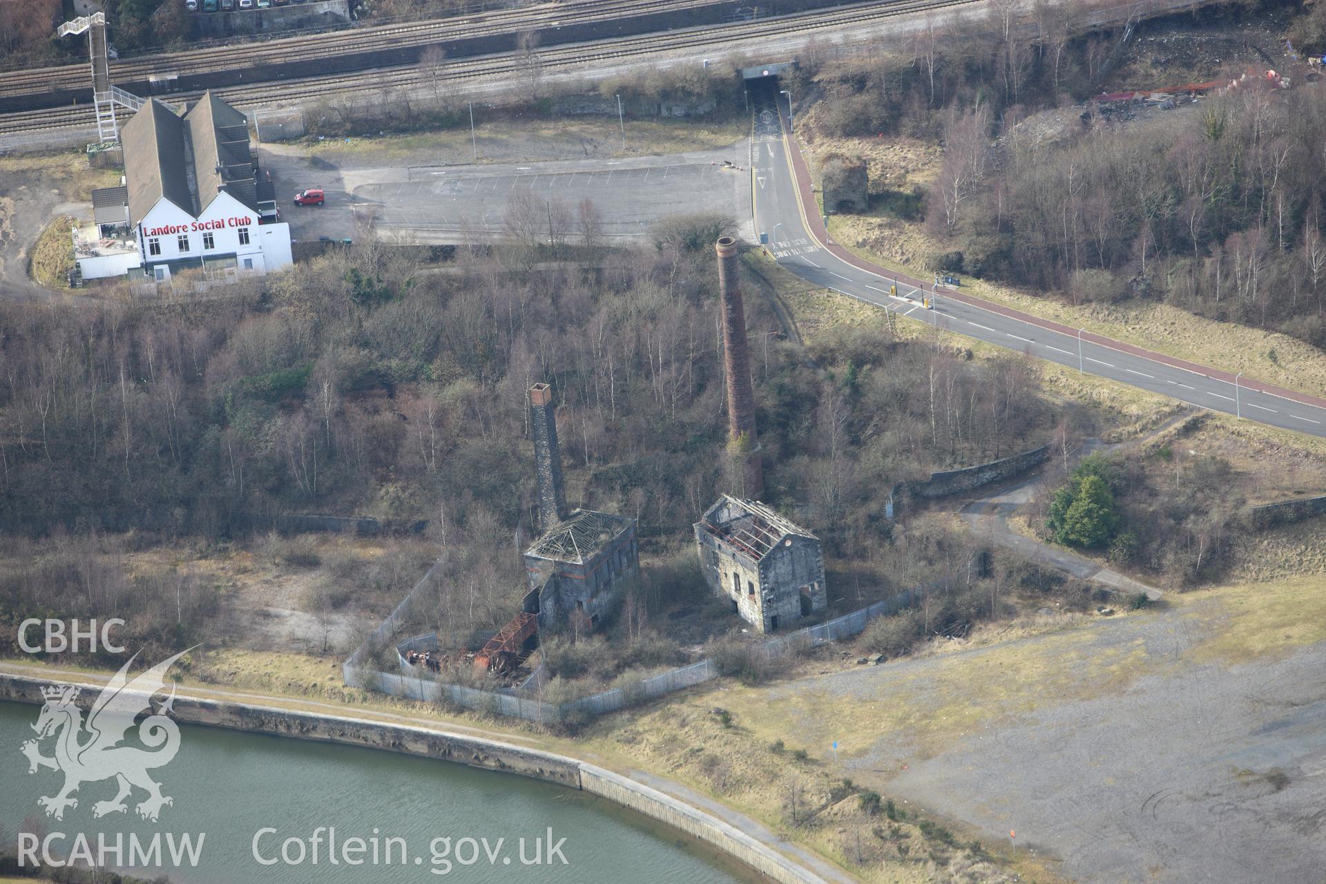 RCAHMW colour oblique photograph of Hafod Copperworks 1910 engine house, Swansea;Hafod Copperworks 1860 engine house, Swansea;Hafod Copperworks chimney. Taken by Toby Driver on 02/03/2010.