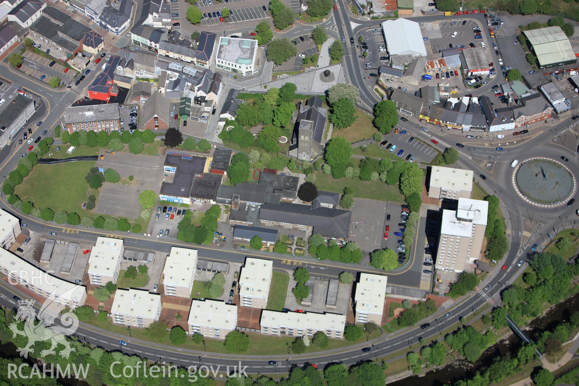 RCAHMW colour oblique photograph of St Tydfil's Church, High Street, Merthyr Tydfil. Taken by Toby Driver on 24/05/2010.