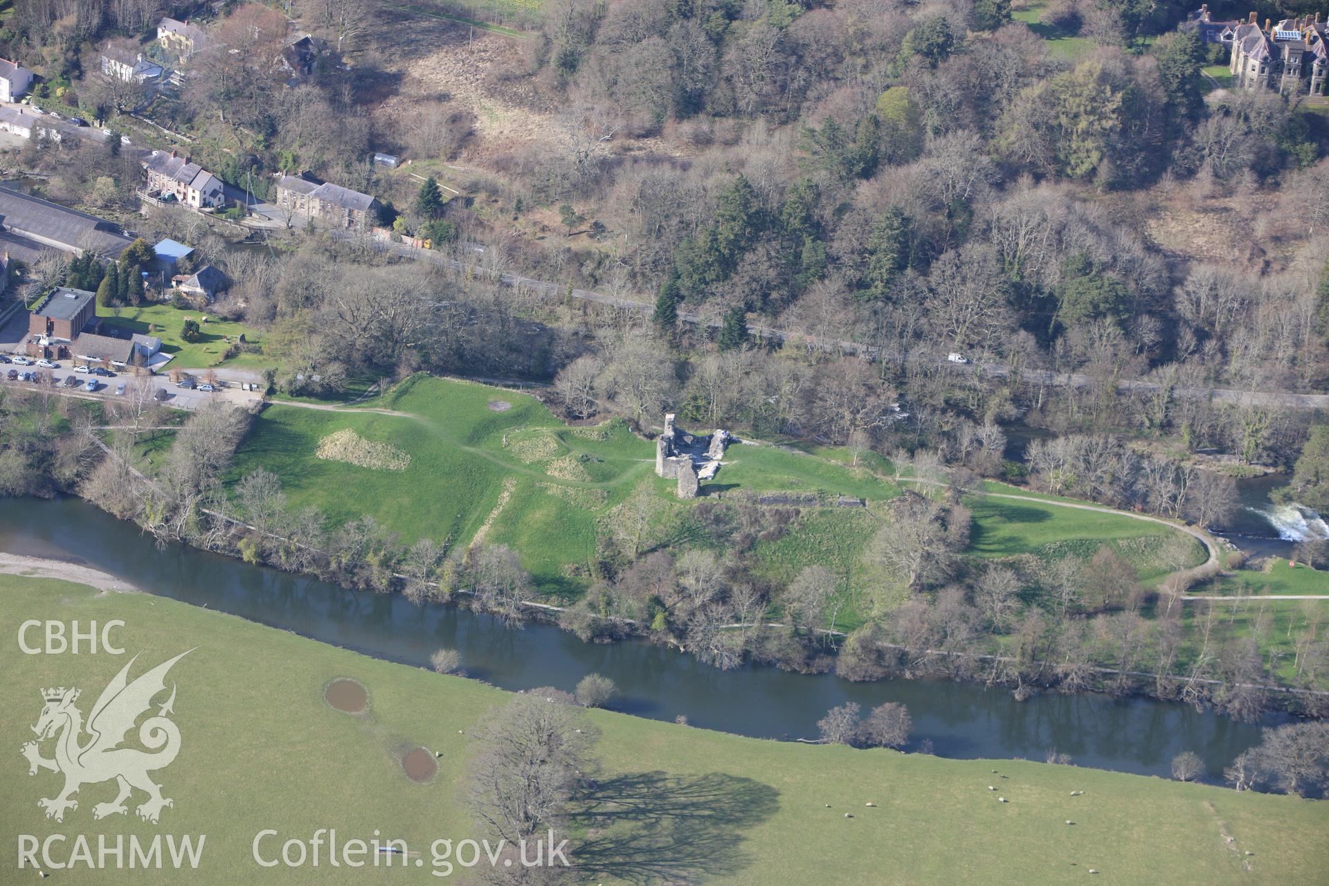 RCAHMW colour oblique aerial photograph of Newcastle Emlyn Castle. Taken on 13 April 2010 by Toby Driver