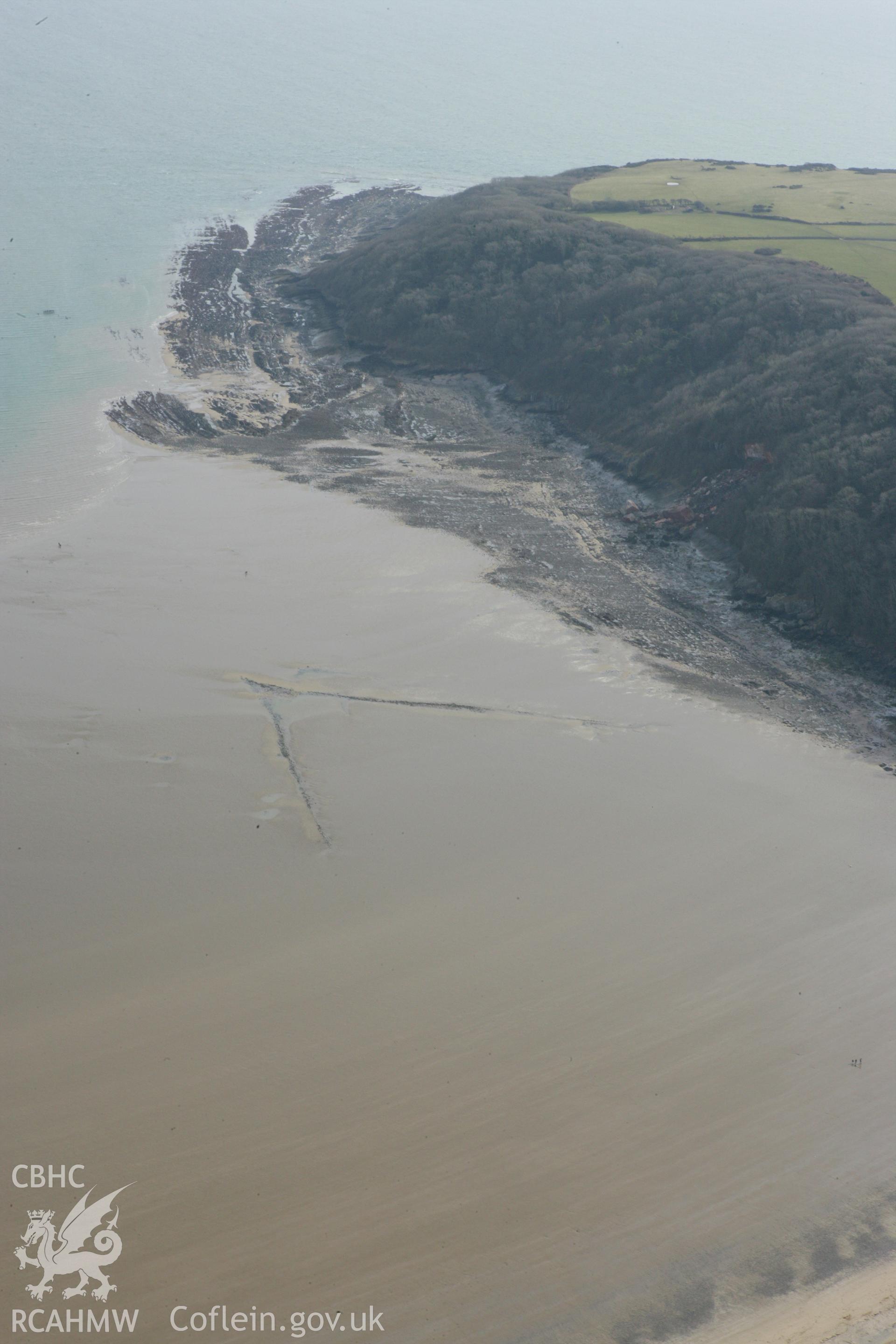 RCAHMW colour oblique photograph of Oxwich Bay fish trap. Taken by Toby Driver on 02/03/2010.