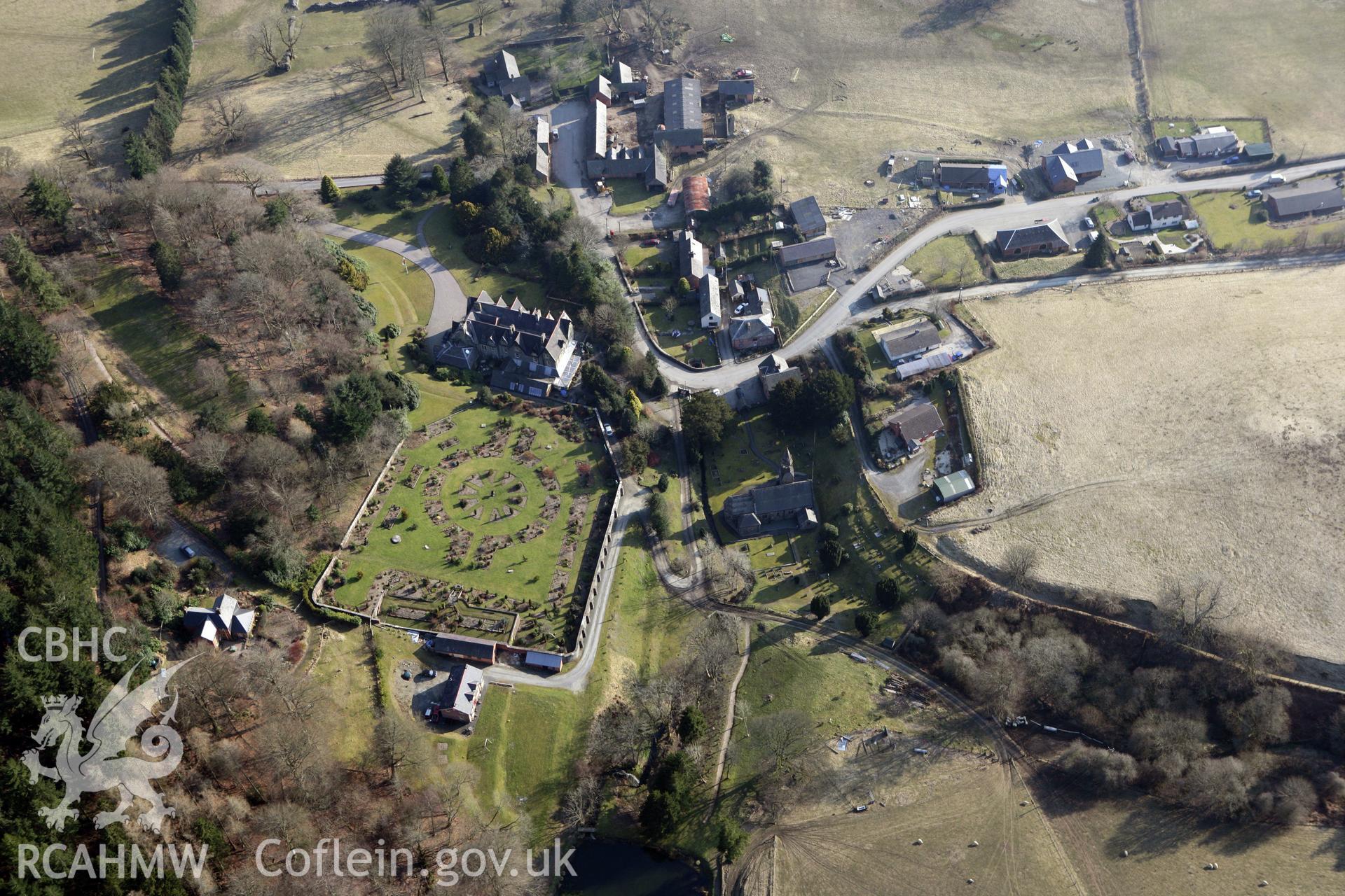 RCAHMW colour oblique photograph of Abbey Cwmhir Hall, Garden, Abbey Cwmhir. Taken by Toby Driver on 11/03/2010.