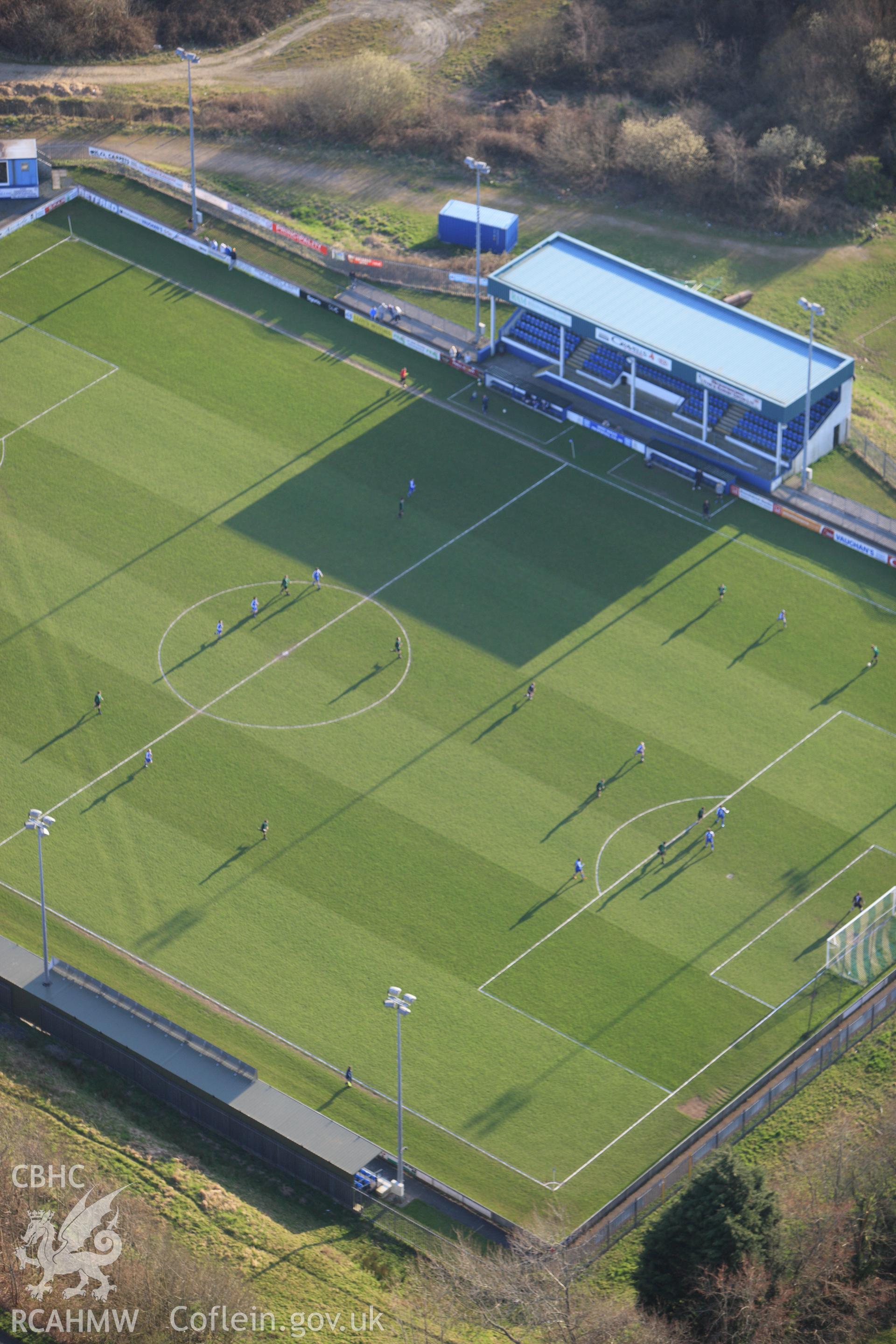 RCAHMW colour oblique aerial photograph of  football field, Haverfordwest. Taken on 13 April 2010 by Toby Driver