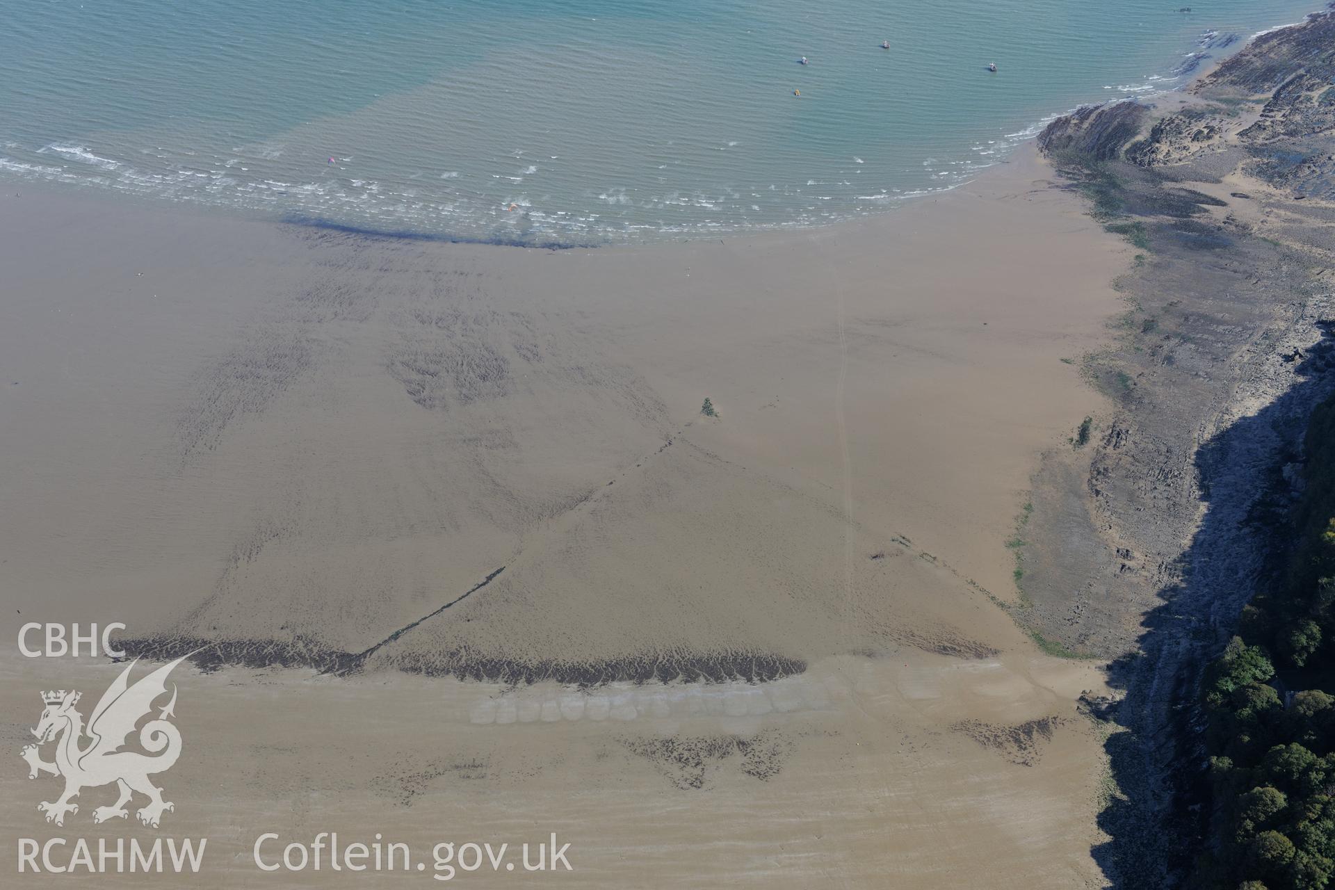 Oxwich Bay fish trap, on the southerns shores of the Gower Peninsula. Oblique aerial photograph taken during the Royal Commission's programme of archaeological aerial reconnaissance by Toby Driver on 30th September 2015.