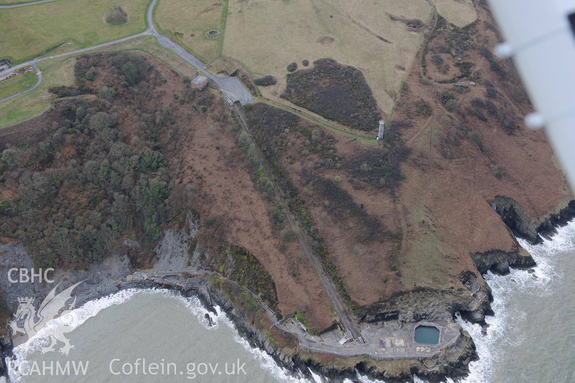 Aberporth range simulated ship firing platform. Oblique aerial photograph taken during the Royal Commission's programme of archaeological aerial reconnaissance by Toby Driver on 13th March 2015.