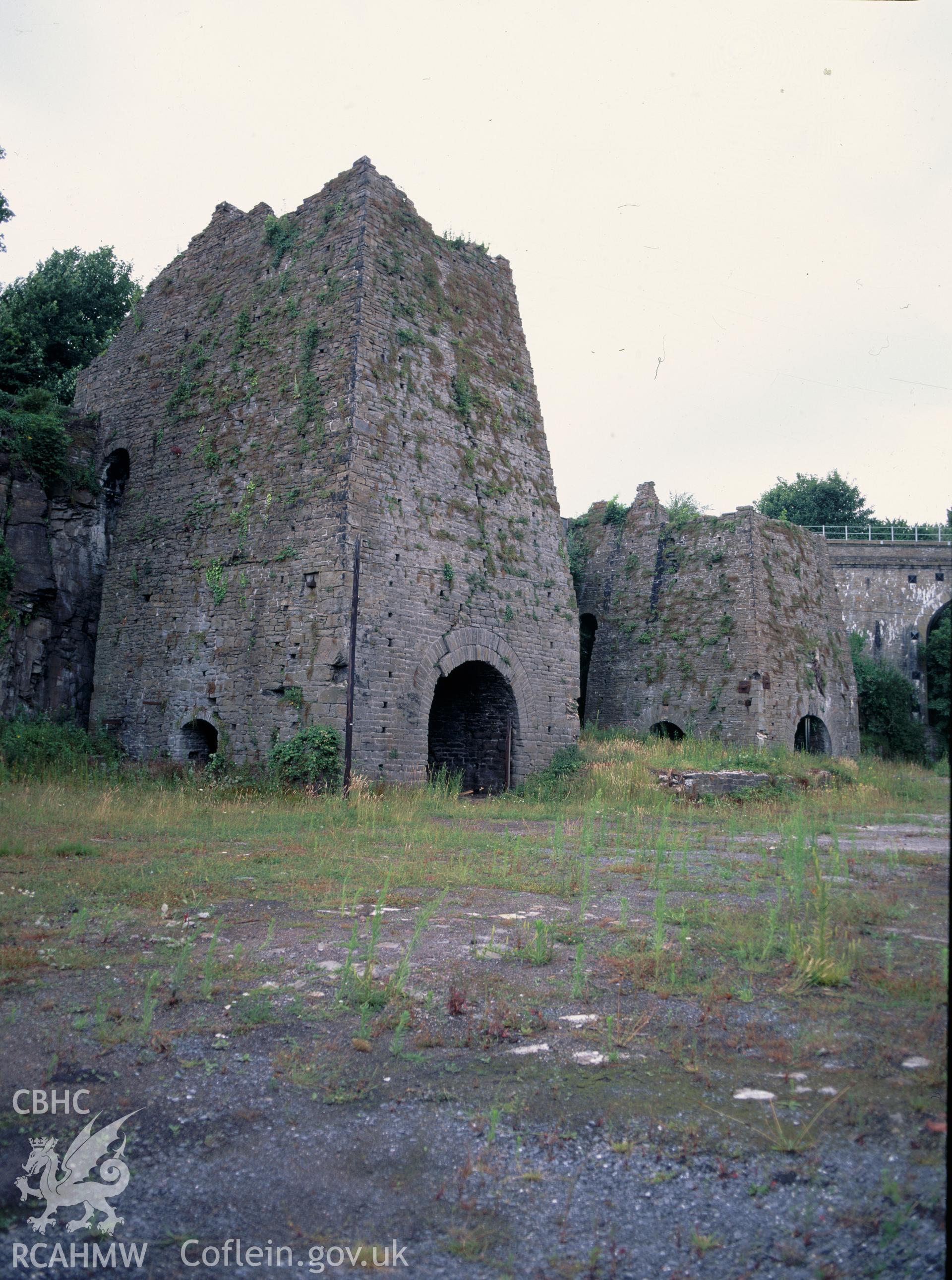 Digital copy of a colour negative showing the blast furnace at Neath Abbey Ironworks.