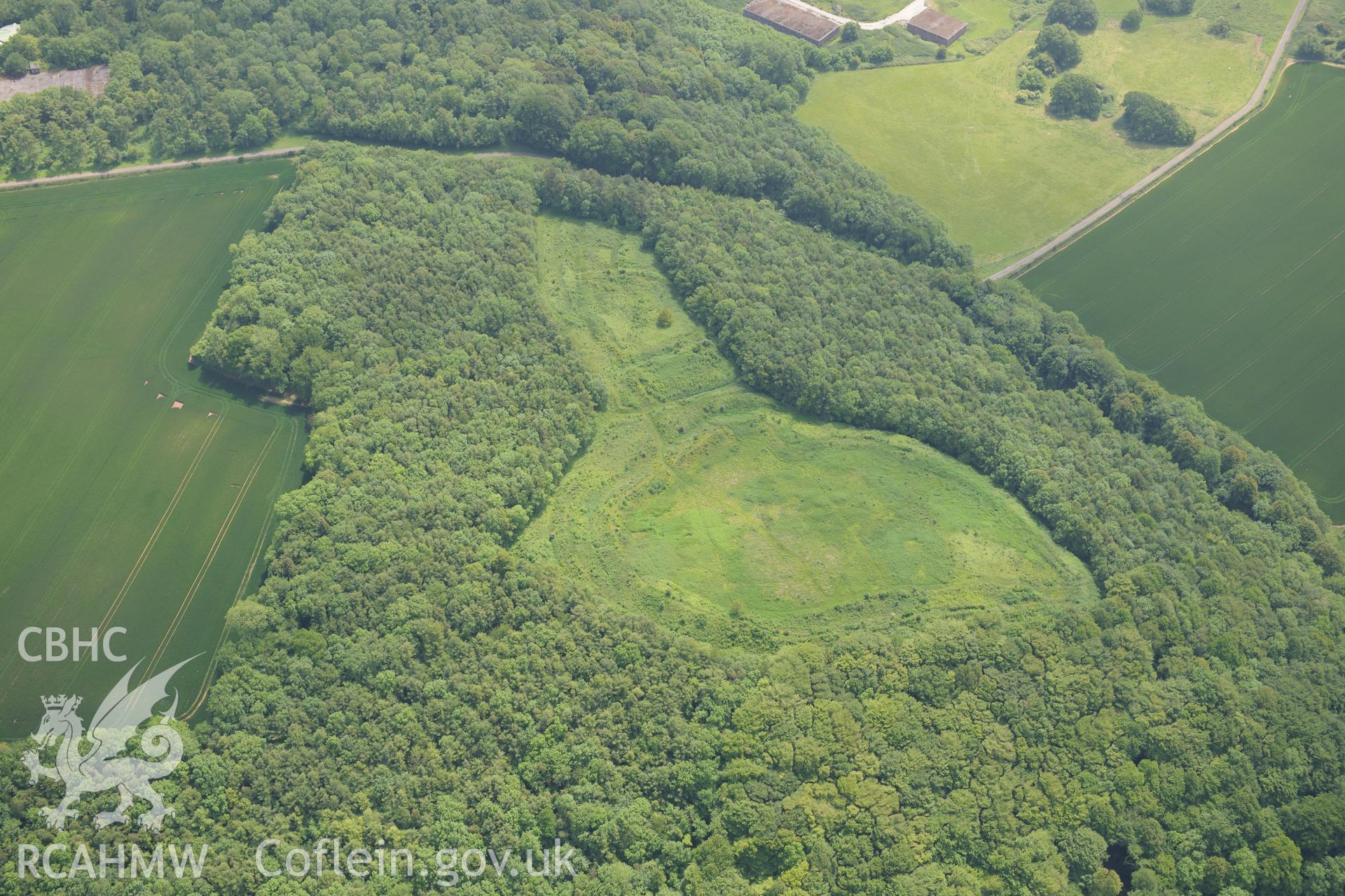 Llanmelin Wood Hillfort, Shirenewton. Oblique aerial photograph taken during the Royal Commission's programme of archaeological aerial reconnaissance by Toby Driver on 11th June 2015.