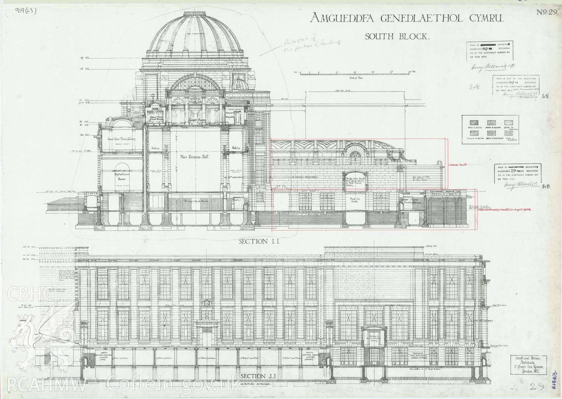 Digitised copy of a non RCAHMW drawing produced by Smith & Brewer Architects, showing section of National Museum of Wales, Cardiff.