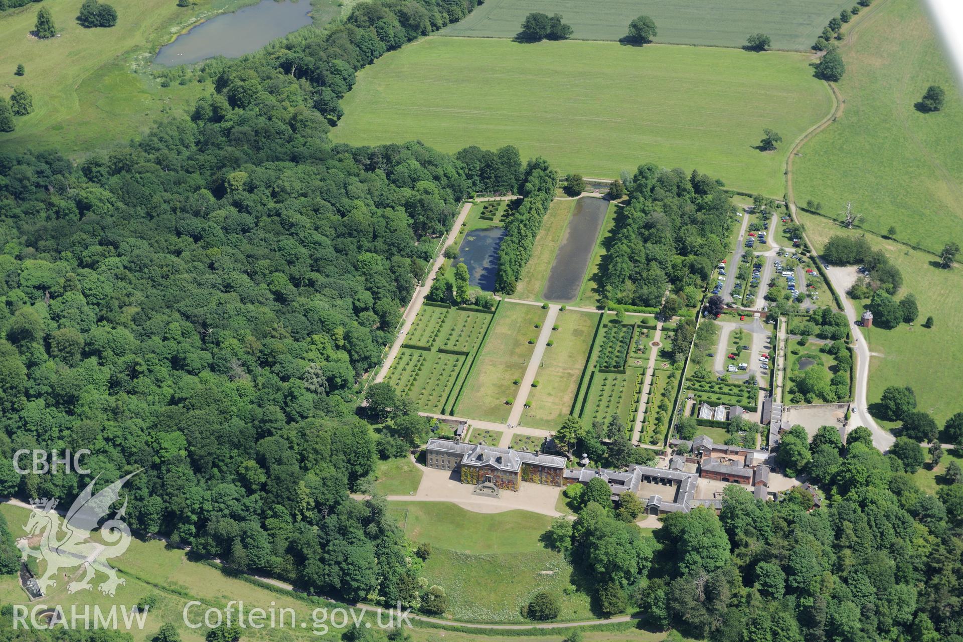 Erddig Hall, its stables, outbuildings and garden. Oblique aerial photograph taken during the Royal Commission's programme of archaeological aerial reconnaissance by Toby Driver on 30th June 2015.