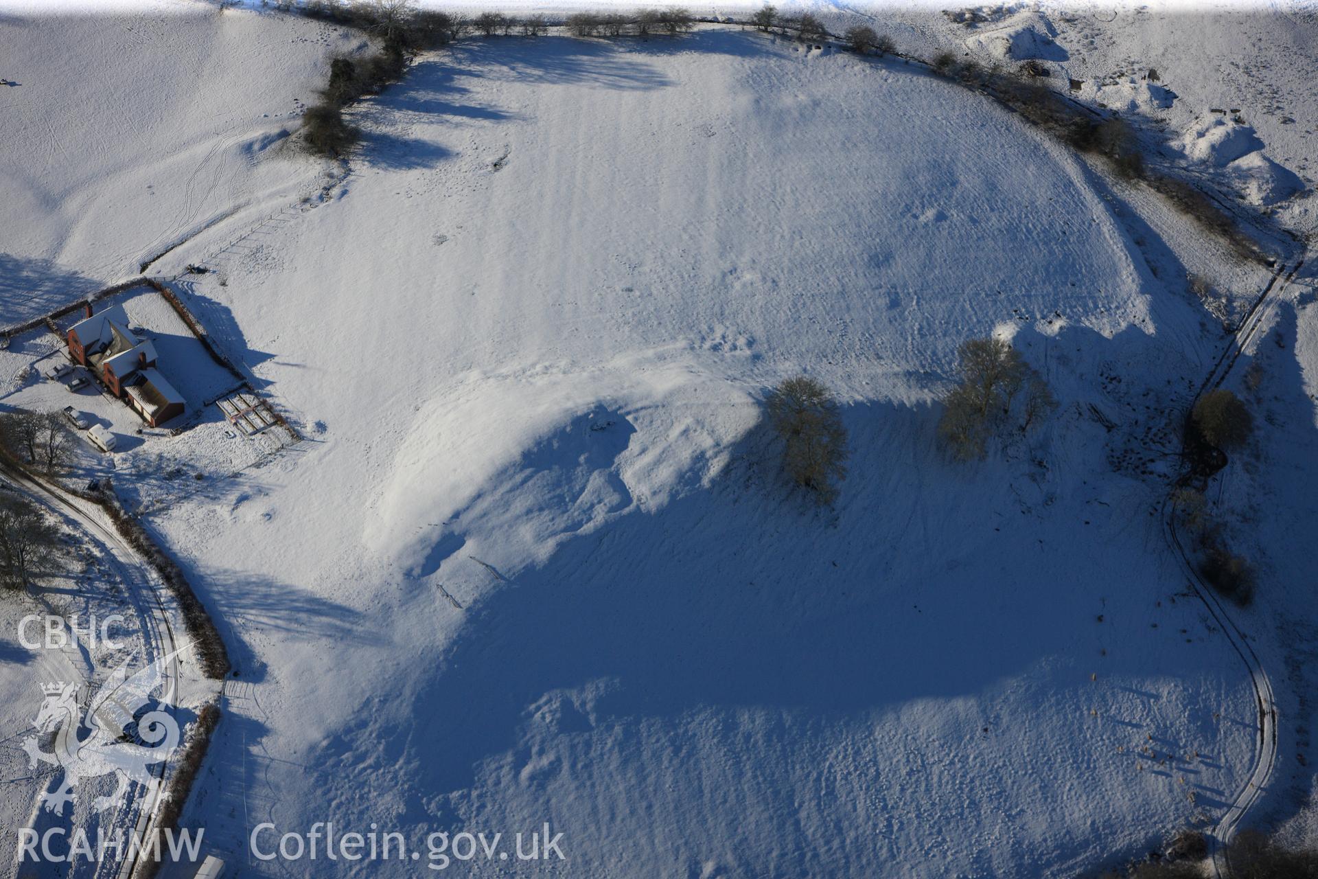 Earthworks of a longhouse near Cefnllys Castle deer park, Penybont, north east of Llandrindod Wells. Oblique aerial photograph taken during the Royal Commission?s programme of archaeological aerial reconnaissance by Toby Driver on 15th January 2013.