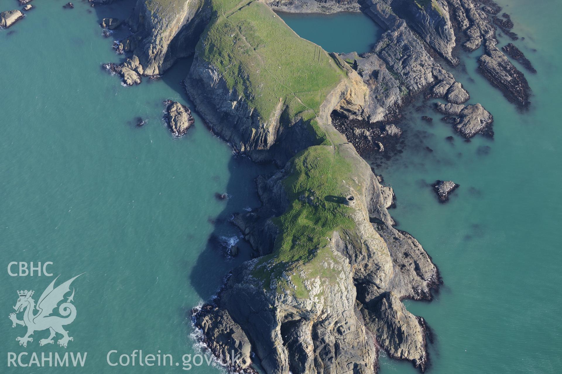 Abereiddi Tower at Abereiddi Bay on the Pembrokeshire coast, south west of Fishguard. Oblique aerial photograph taken during the Royal Commission's programme of archaeological aerial reconnaissance by Toby Driver on 30th September 2015.