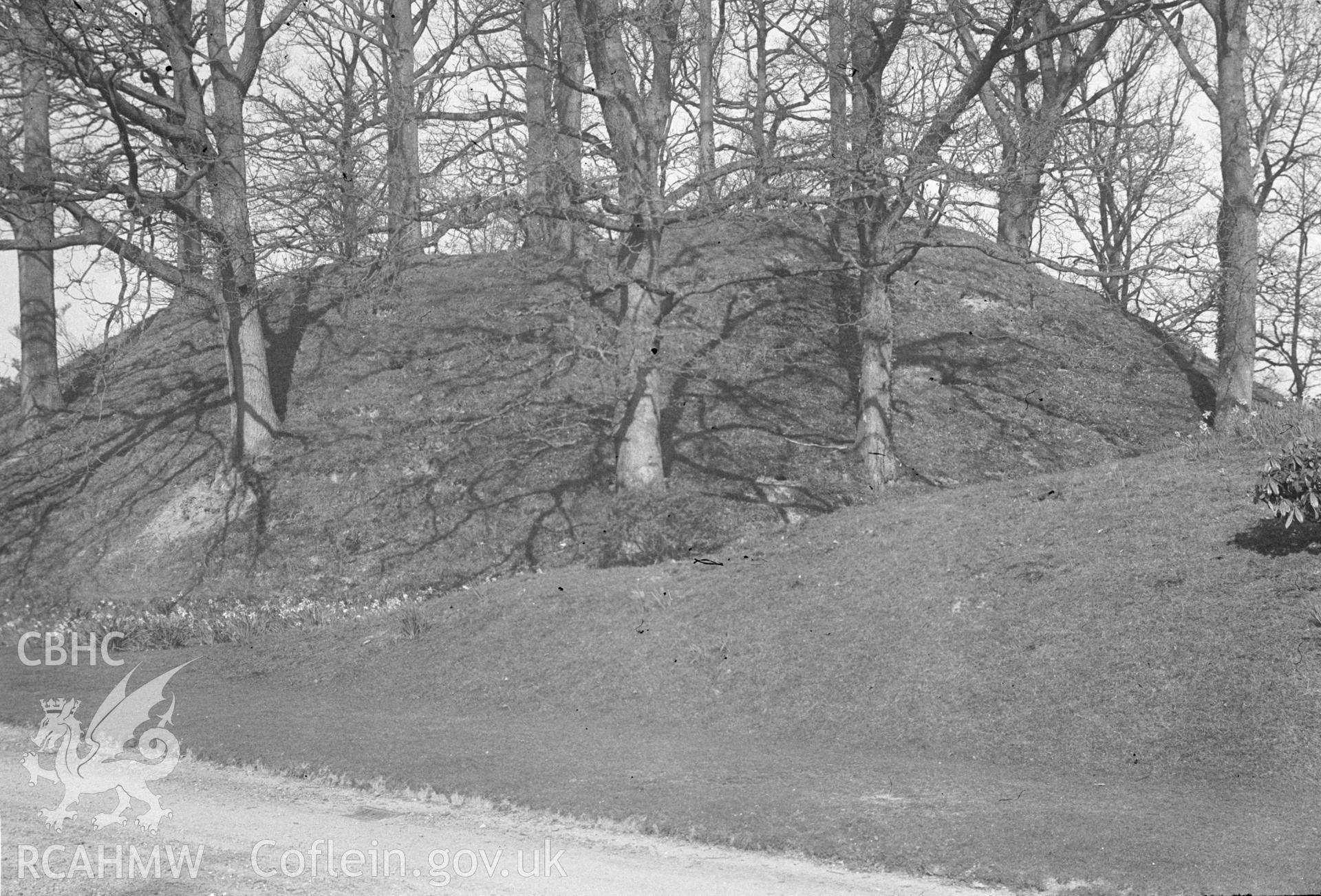 Digital copy of black and white negative relating to Caer Beris Castlemound. From the Cadw Monuments in Care Collection.