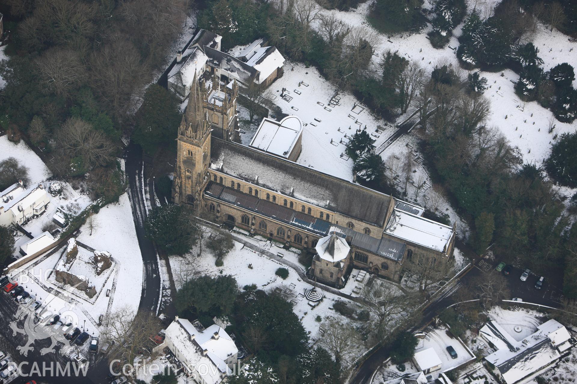 Llandaff Cathedral, Llandaff Cathedral bell tower and the Old Choir college, Llandaff, Cardiff. Oblique aerial photograph taken during the Royal Commission?s programme of archaeological aerial reconnaissance by Toby Driver on 24th January 2013.