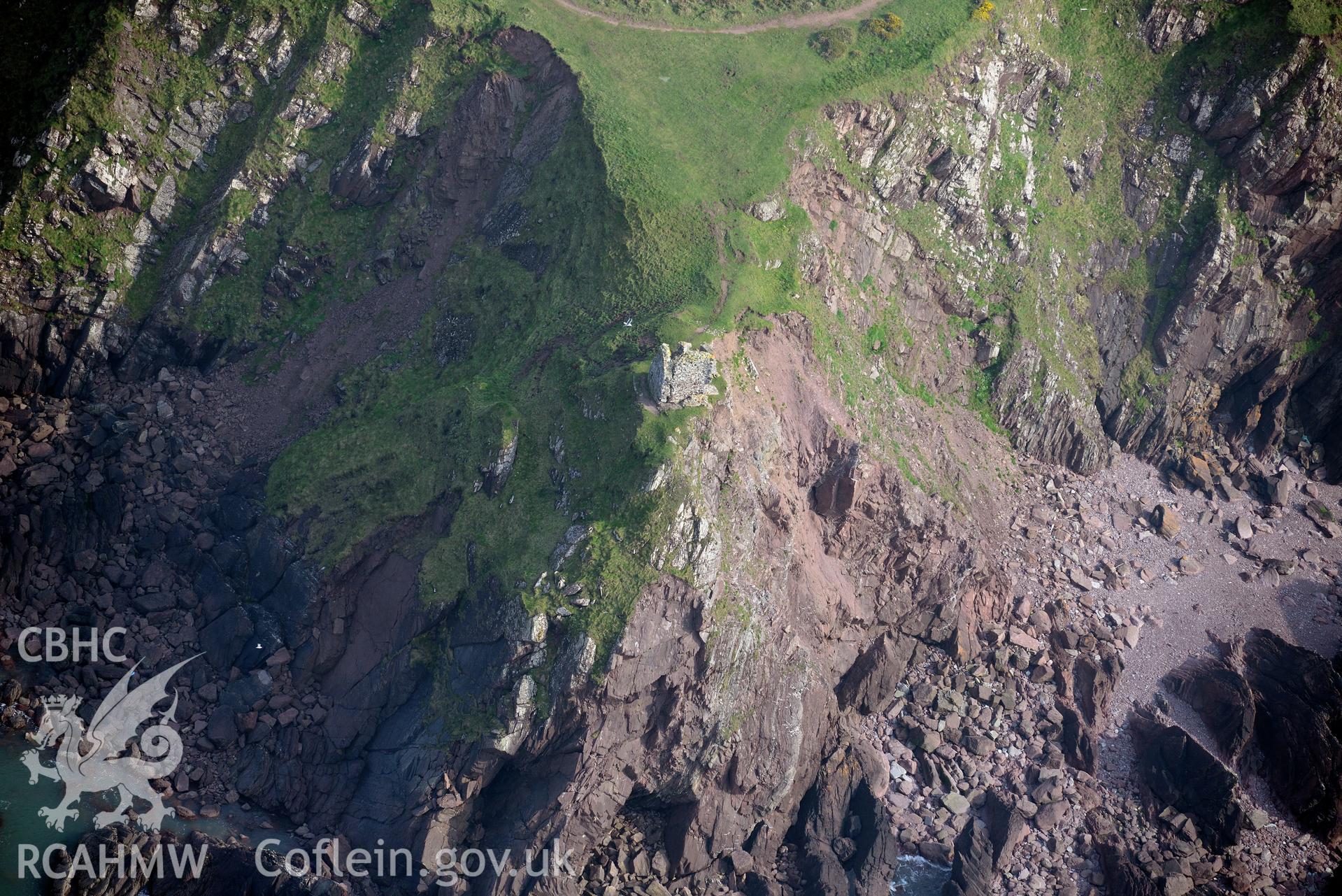 Aerial photography of East Blockhouse taken on 27th March 2017. Baseline aerial reconnaissance survey for the CHERISH Project. ? Crown: CHERISH PROJECT 2019. Produced with EU funds through the Ireland Wales Co-operation Programme 2014-2020. All material made freely available through the Open Government Licence.