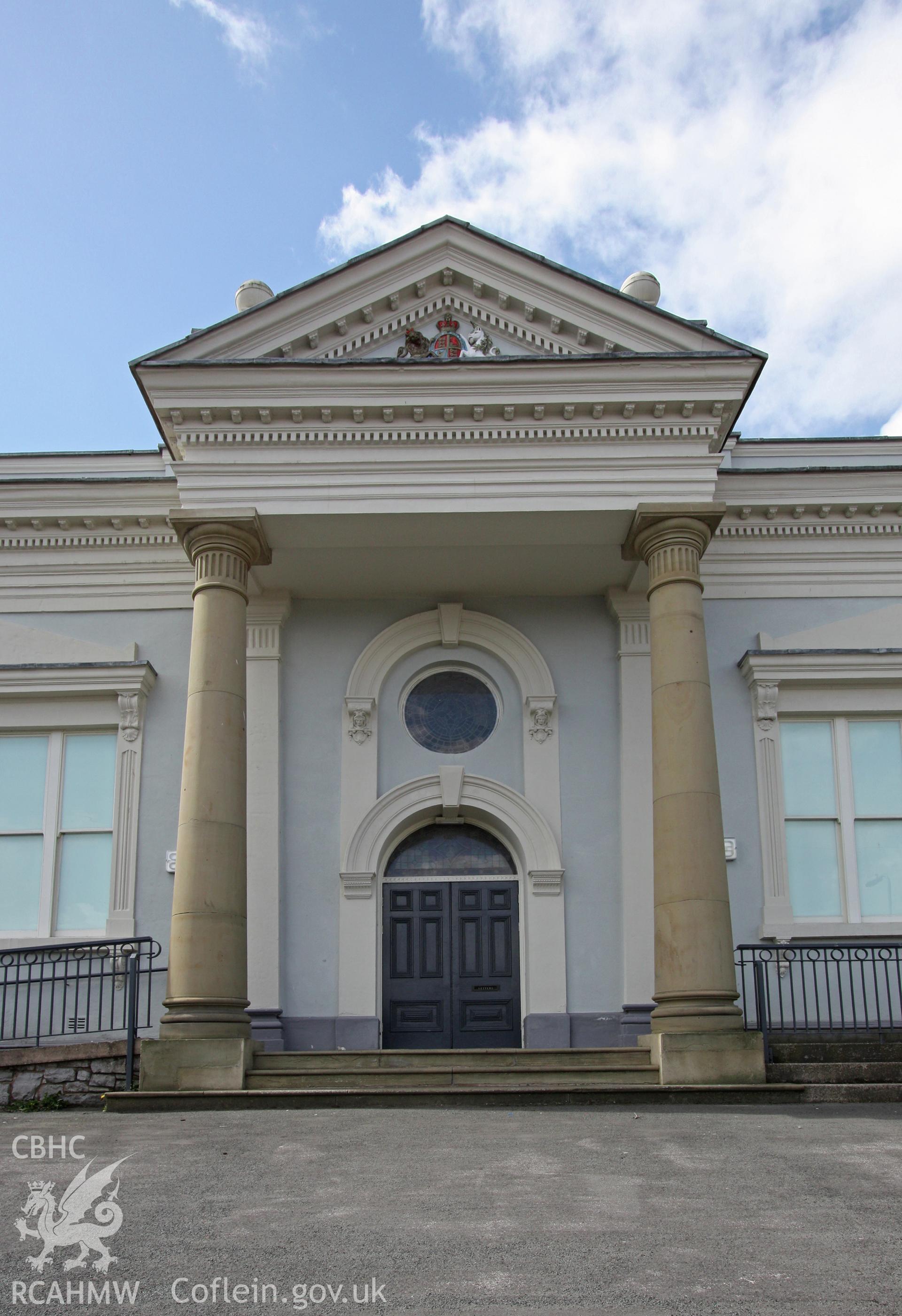 Colour photograph showing exterior view of central entranceway to Theatr Twm o'r Nant (otherwise known as the Dr. Pierce Memorial Hall). Photographed during survey conducted by Geoff Ward in May 2012.