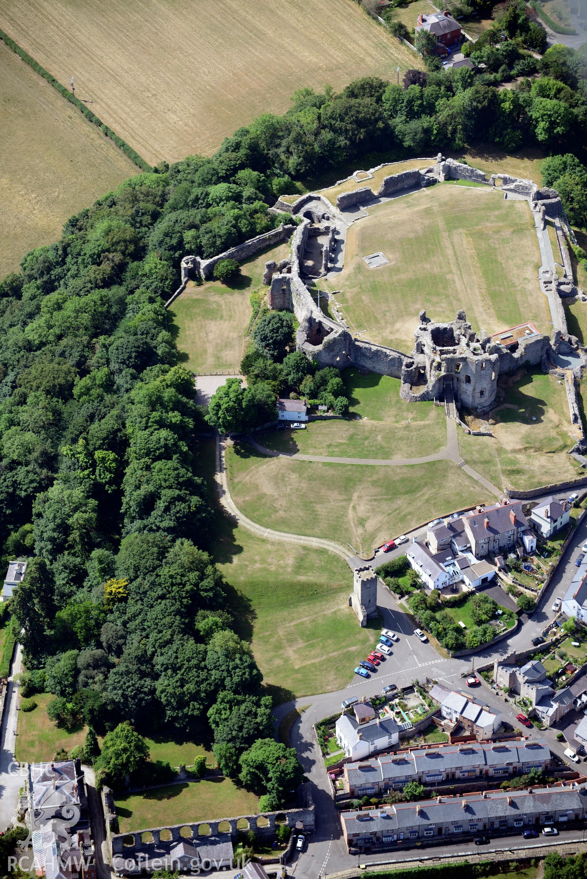 Royal Commission aerial photography of Denbigh Castle with extensive parchmarks taken on 19th July 2018 during the 2018 drought.