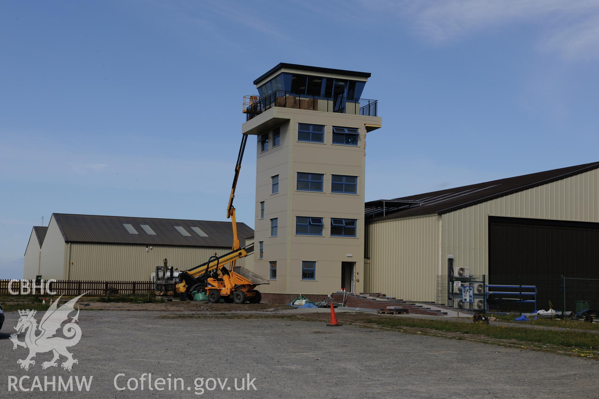 The new control tower at Caernarfon Airfield. Oblique aerial photograph taken during the Royal Commission's programme of archaeological aerial reconnaissance by Toby Driver on 23rd June 2015.