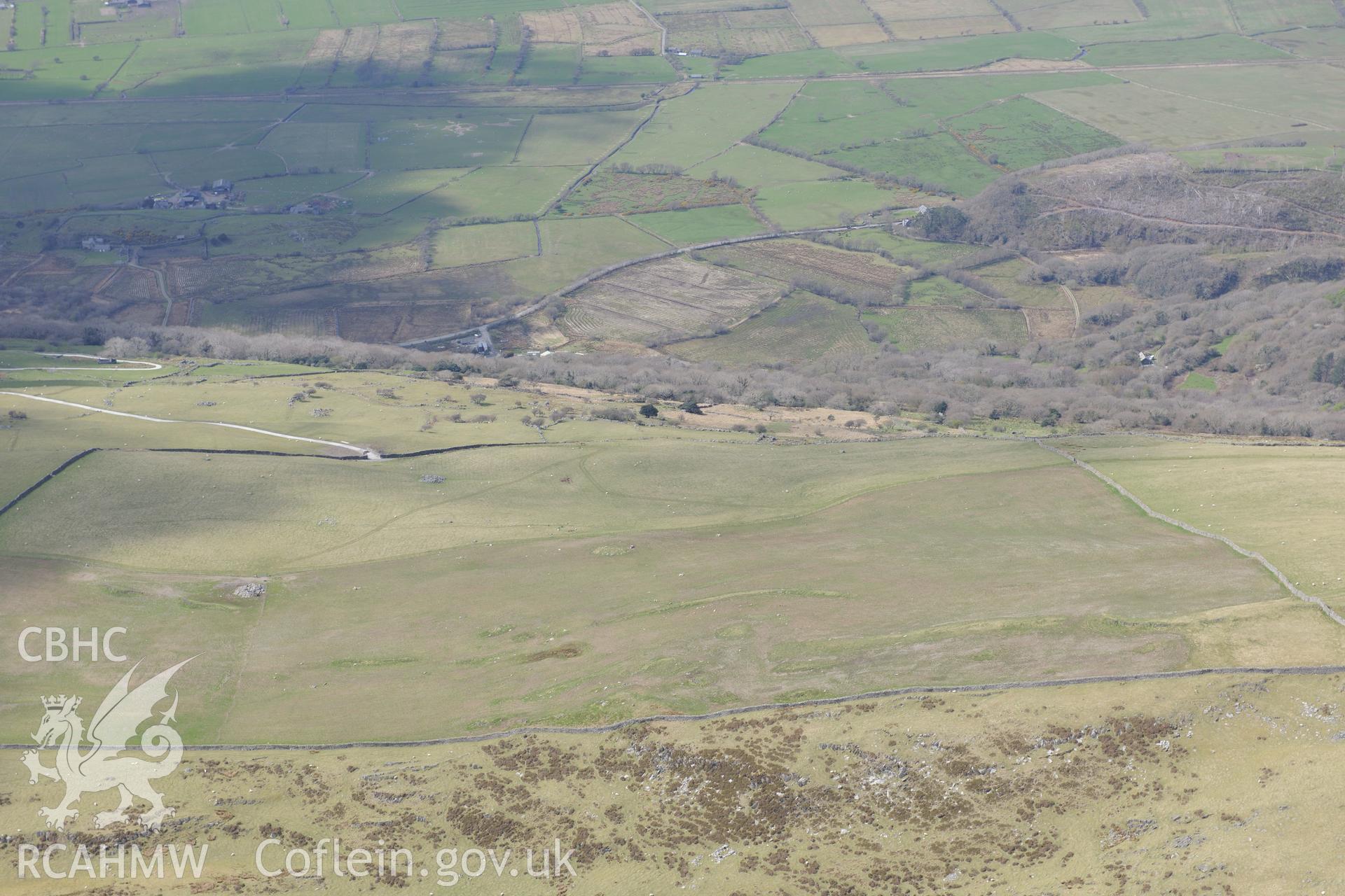 Cairn circles at Moel Goedog, Harlech. Oblique aerial photograph taken during the Royal Commission?s programme of archaeological aerial reconnaissance by Toby Driver on 1st May 2013.