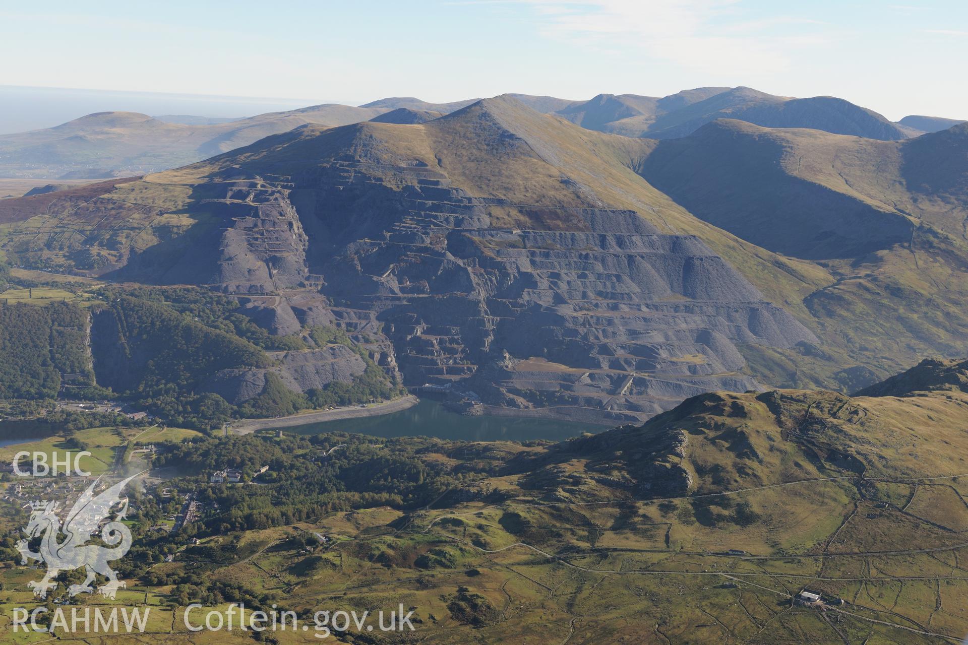 Dinorwic slate quarry and the town of Llanberis. Oblique aerial photograph taken during the Royal Commission's programme of archaeological aerial reconnaissance by Toby Driver on 2nd October 2015.