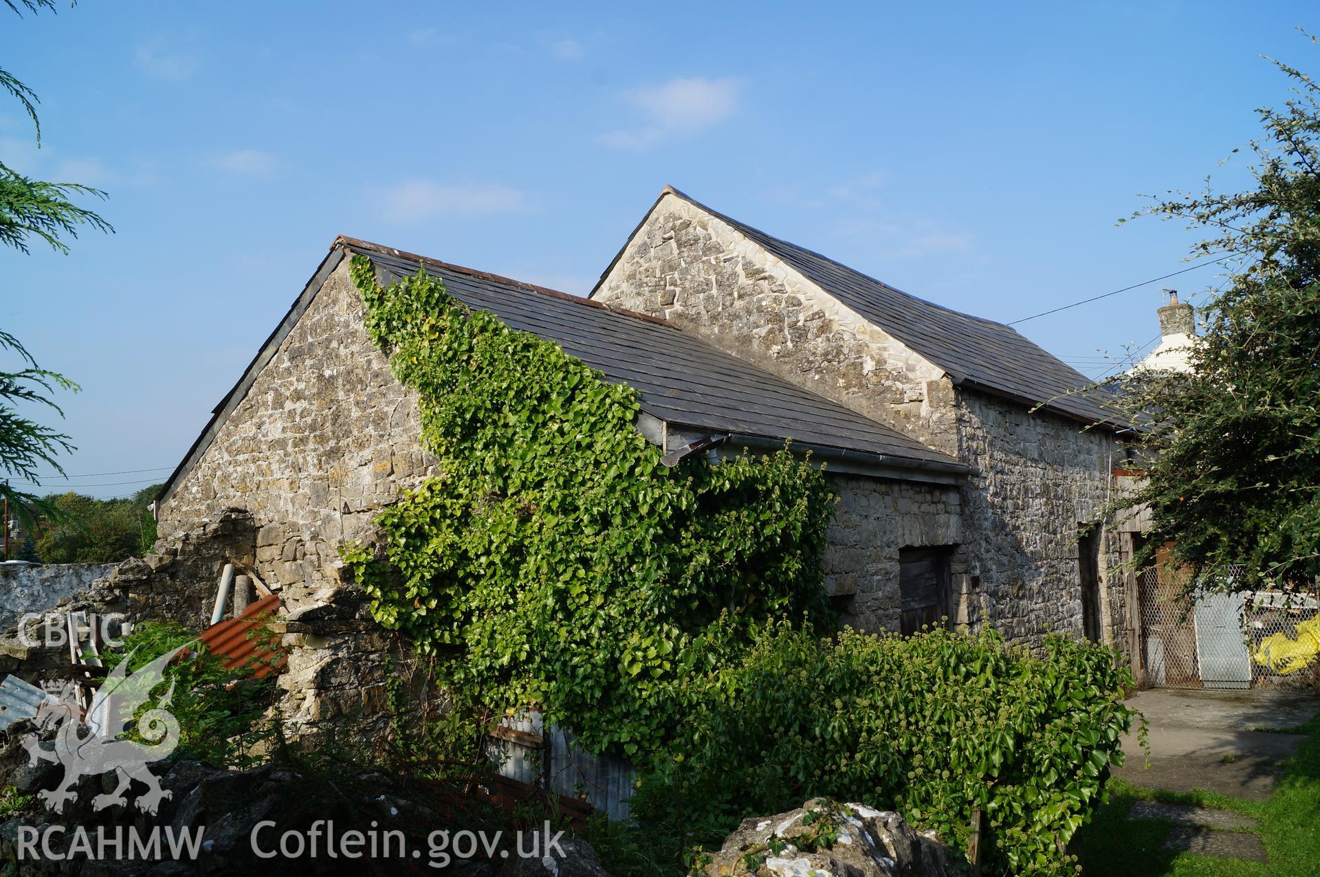 View 'looking northeast at western end of the building, showing the western ruined pigsty and yard, the low western extension and the main barn' at Rowley Court, Llantwit Major. Photograph & description by Jenny Hall & Paul Sambrook of Trysor, 7/09/2016.