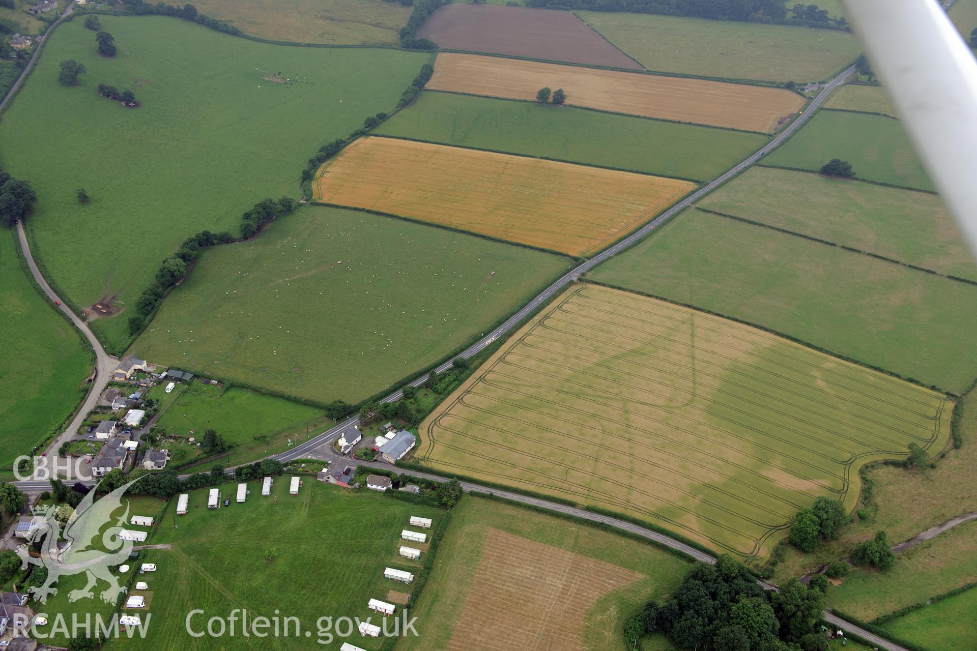 Walton Roman camp, east of Llandrindod Wells, near the Wales-England border. Oblique aerial photograph taken during the Royal Commission?s programme of archaeological aerial reconnaissance by Toby Driver on 1st August 2013.