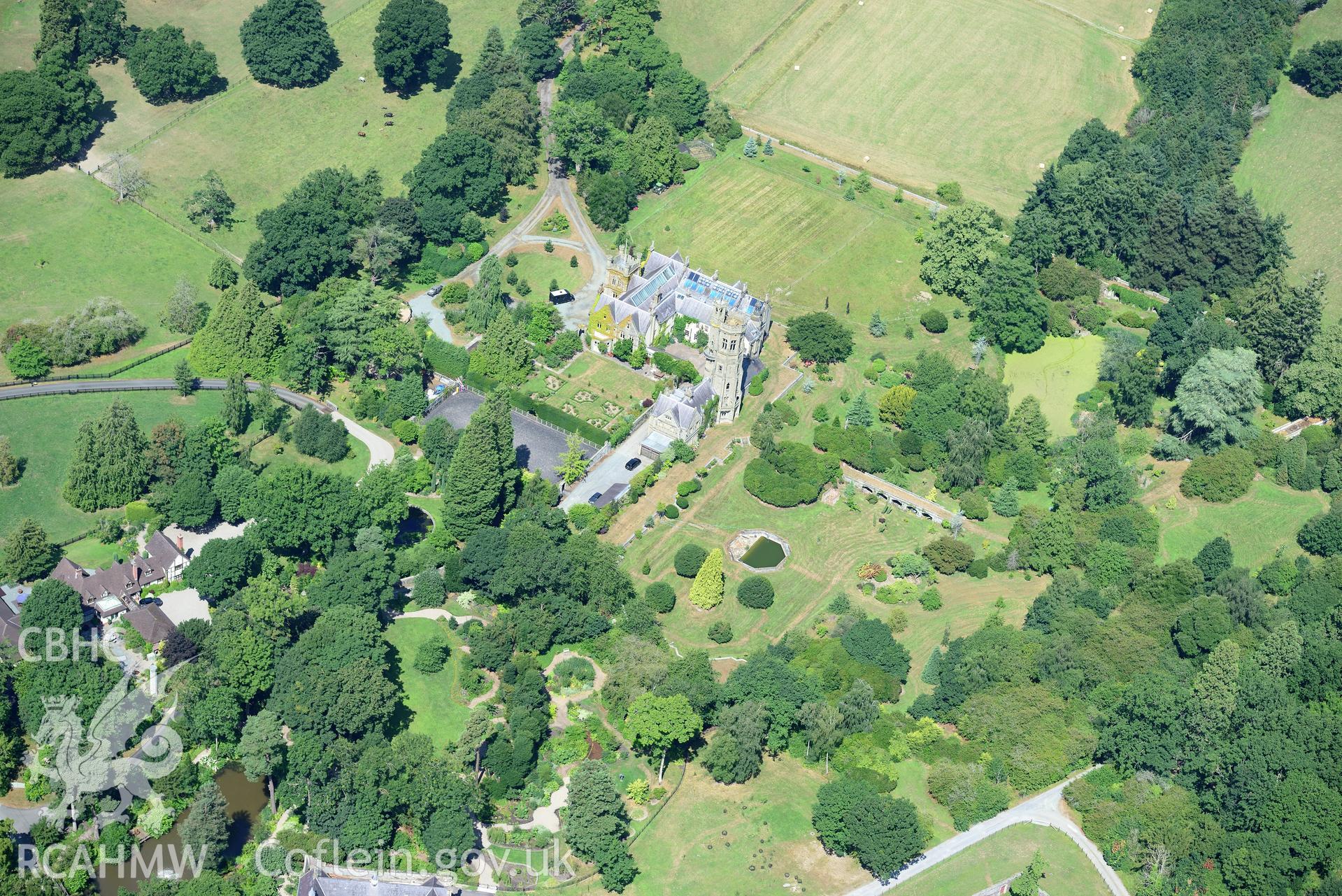 Royal Commission aerial photography of Leighton Hall, with garden parchmarks, taken on 19th July 2018 during the 2018 drought.