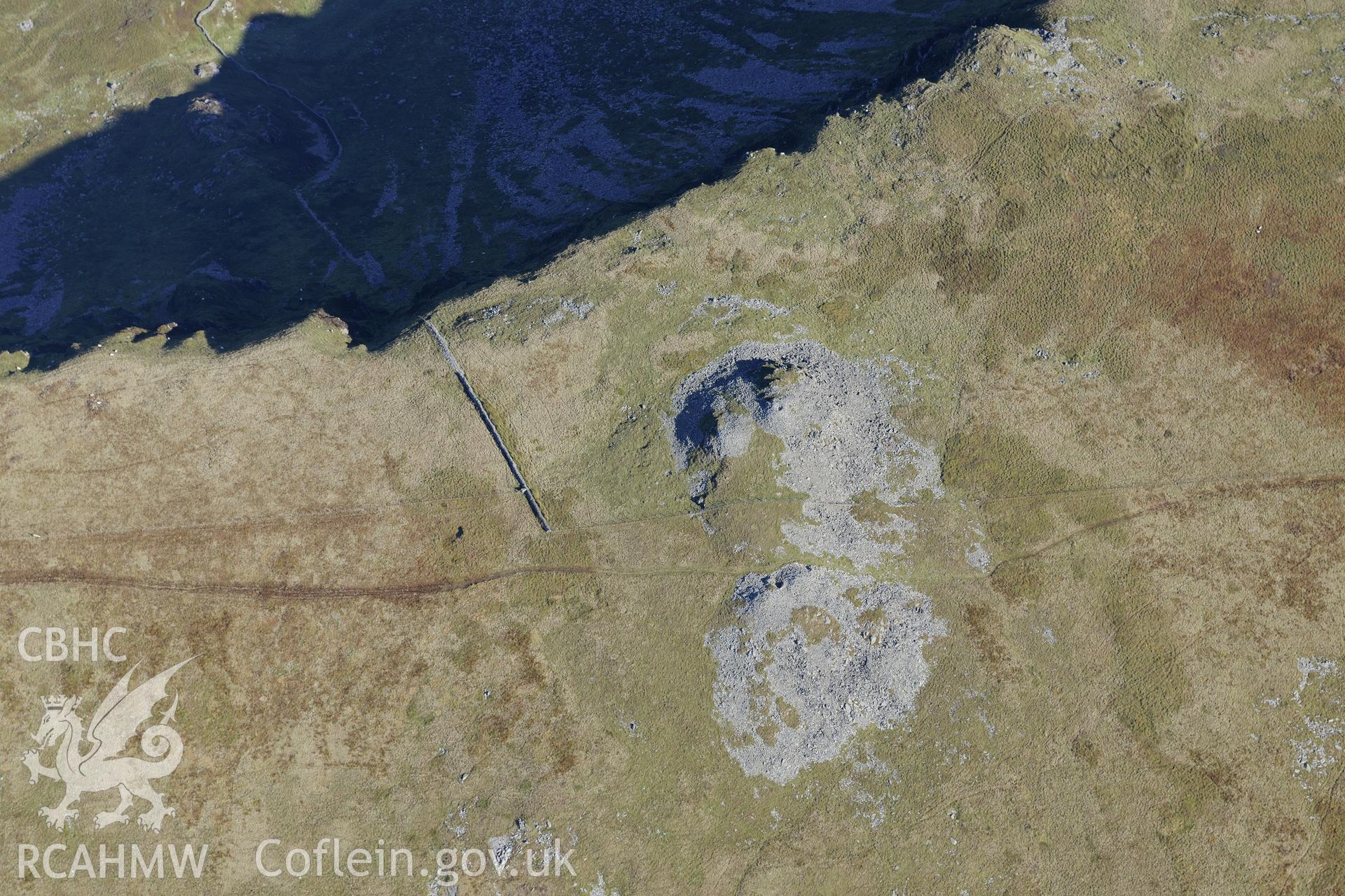 Cairns at Carnedd Lwyd, on Tyrrau Mawr or Craig-Las, a subsidiary summit of Cadair Idris. Oblique aerial photograph taken during the Royal Commission's programme of archaeological aerial reconnaissance by Toby Driver on 2nd October 2015.