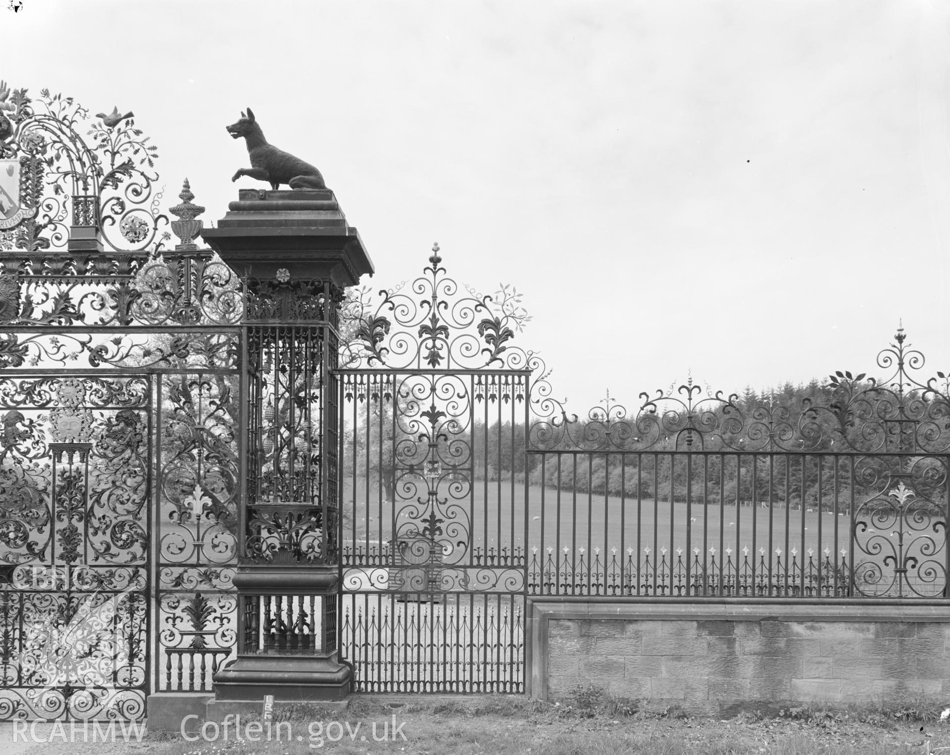 Digital copy of an acetate negative showing view of Chirk Castle gates taken by Department of Environment in 1977.