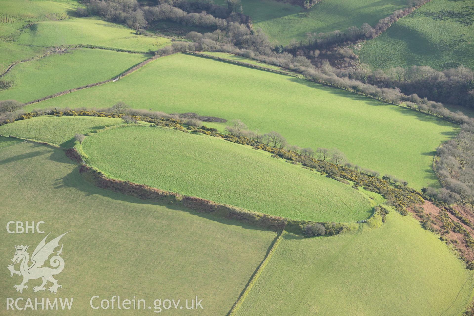 Castell Moedyn Defended Enclosure. Oblique aerial photograph taken during the Royal Commission's programme of archaeological aerial reconnaissance by Toby Driver on 6th January 2015