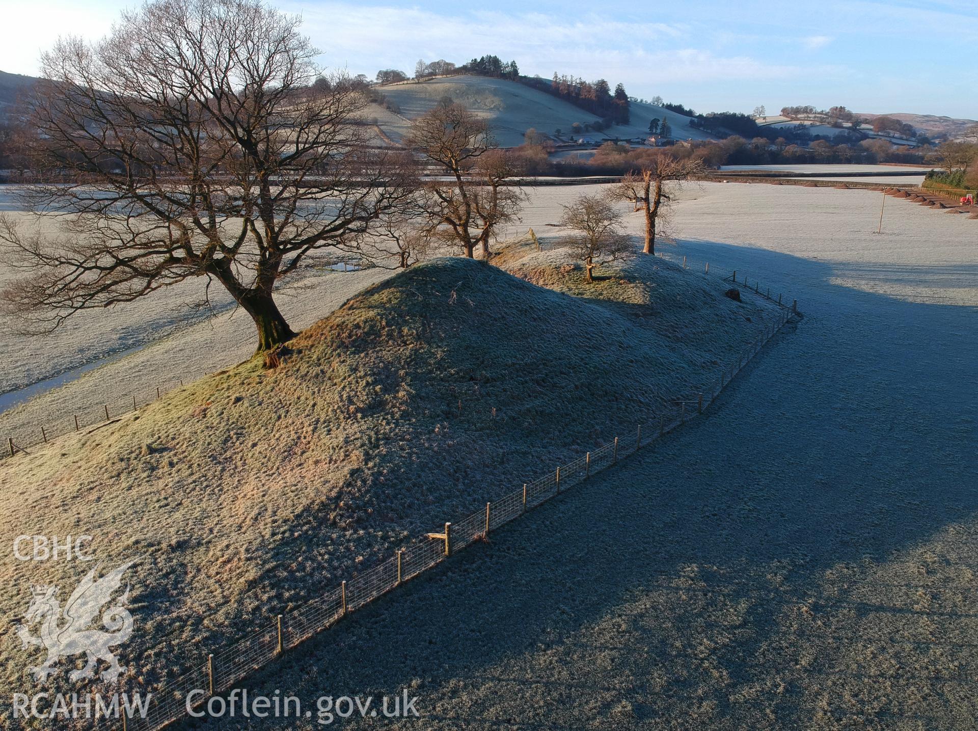 View of Llysun motte and bailey castle, Llanerfyl. Colour photograph taken by Paul R. Davis on 2nd January 2019.