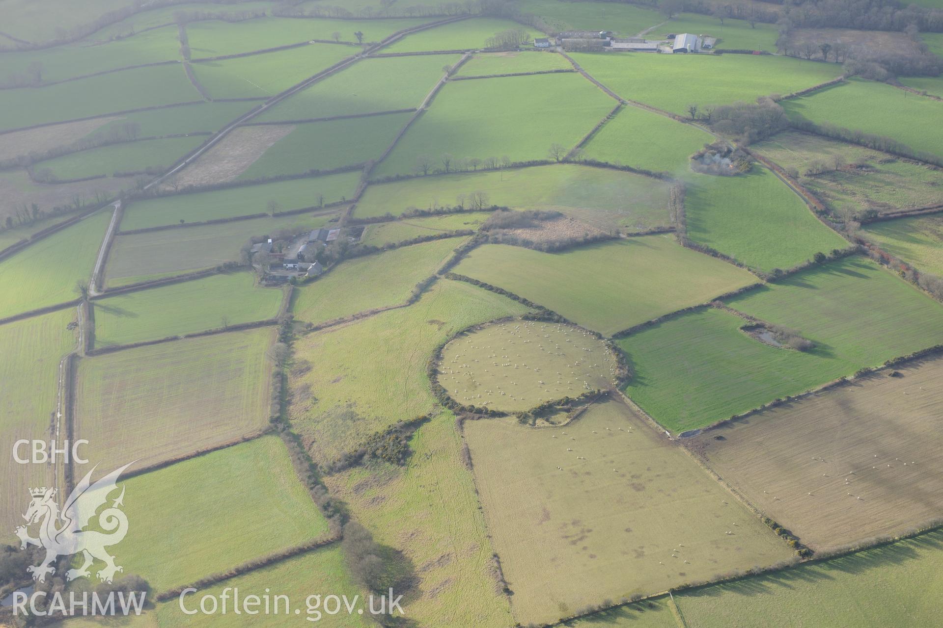 Cribyn Clottas Hillfort. Oblique aerial photograph taken during the Royal Commission's programme of archaeological aerial reconnaissance by Toby Driver on 6th January 2015.