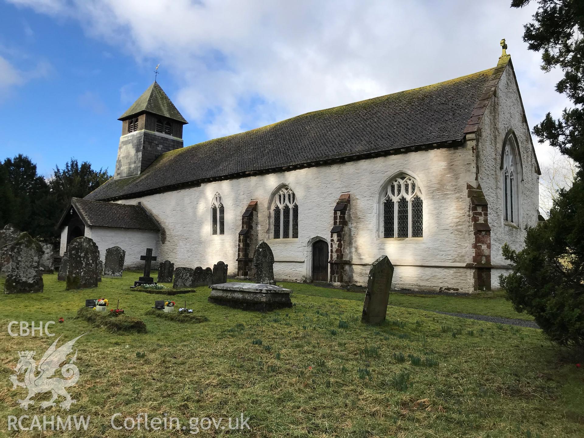 Colour photograph showing exterior view of St. David's church and graveyard, Glascwm, taken by Paul R. Davis on 10th February 2019.