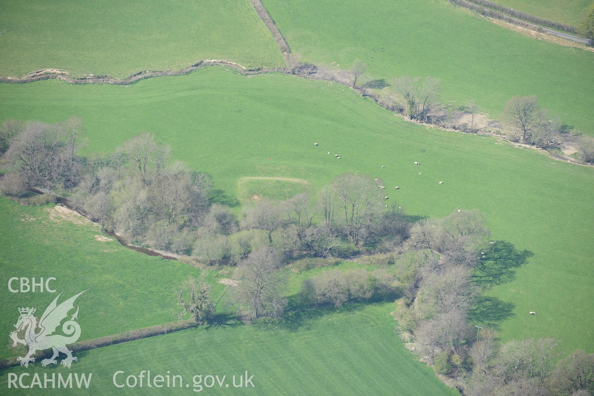 Myddfai Moat. Oblique aerial photograph taken during the Royal Commission's programme of archaeological aerial reconnaissance by Toby Driver on 21st April 2015