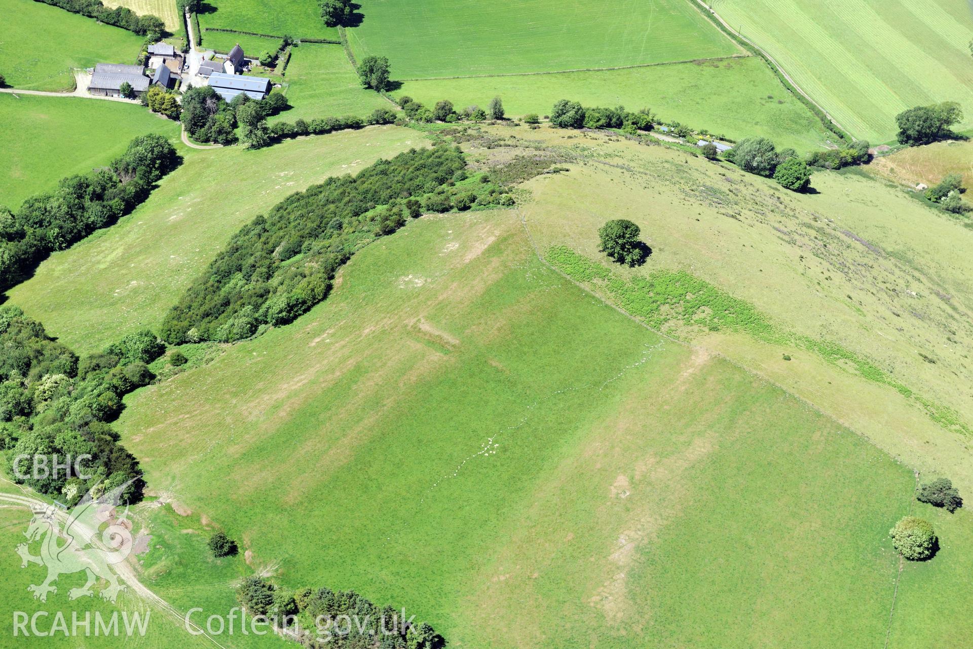 Gilfach Hill defended enclosure, north west of Presteigne. Oblique aerial photograph taken during the Royal Commission's programme of archaeological aerial reconnaissance by Toby Driver on 30th June 2015.