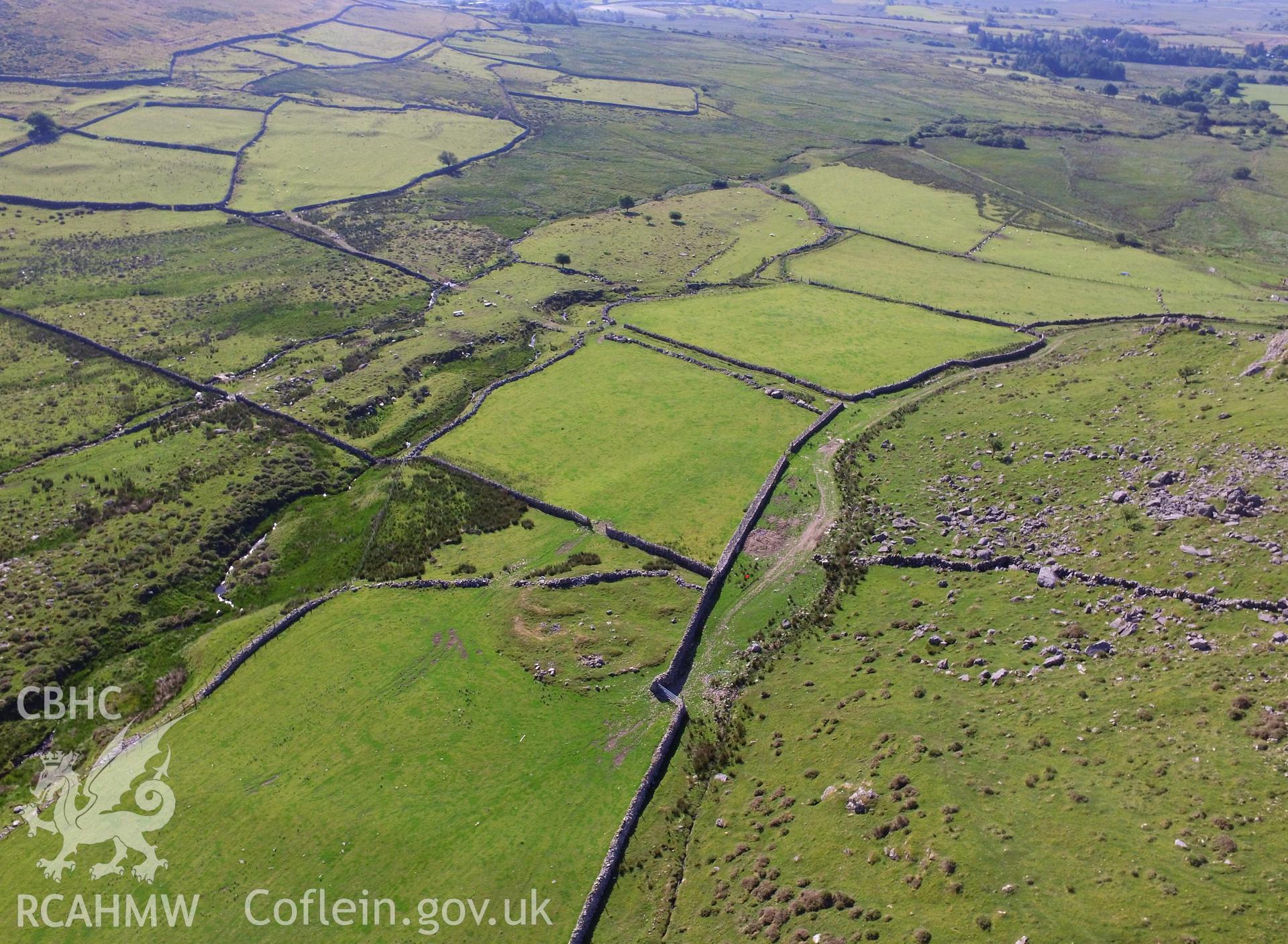 Aerial view of relict field system at Cwm-Ceiliog, near Llanaelhaearn, on the Llyn peninsula. Colour photograph taken by Paul R. Davis on 24th June 2018.