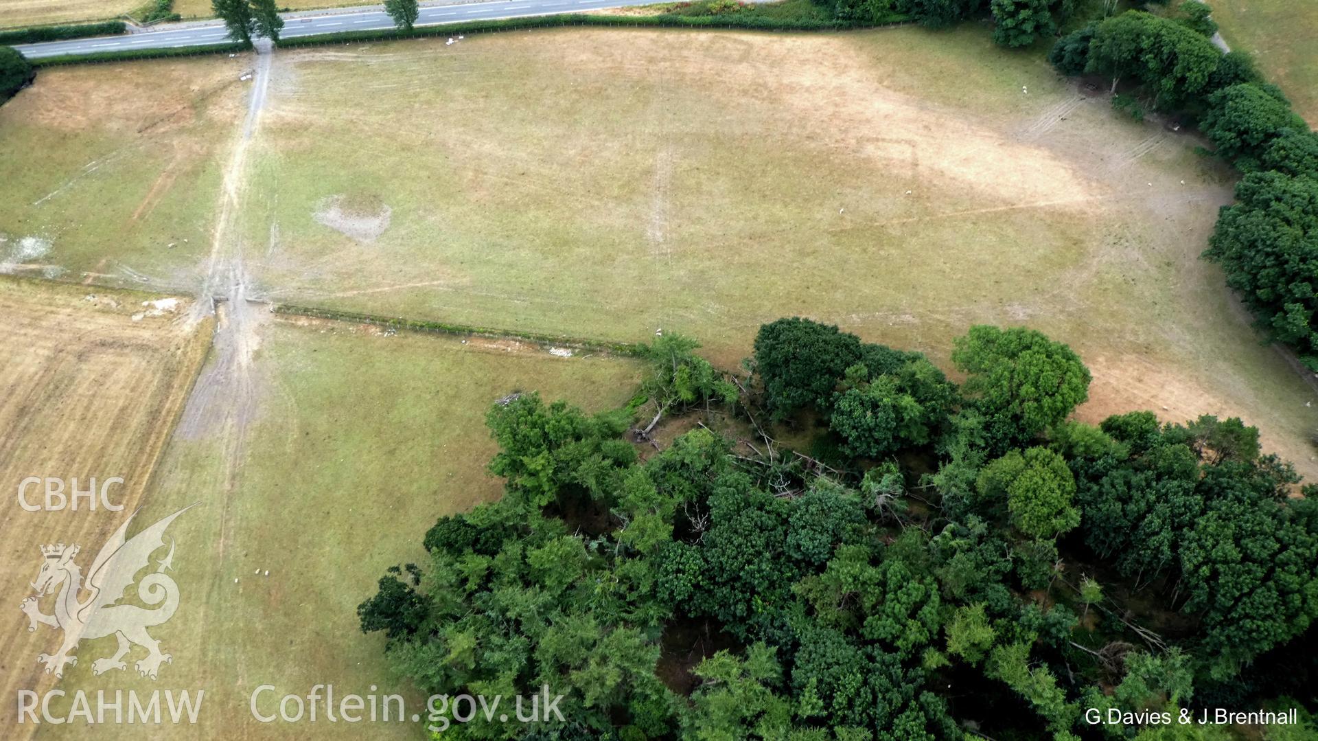 Aerial photograph of Square Barrow Cemetery, Croes Faen, taken by Glyn Davies and Jonathan Brentnall 15/07/2018, under drought conditions. This photograph has been modified to enhance the visibility of the archaeology. Original photograph: BDC_04_01_04.