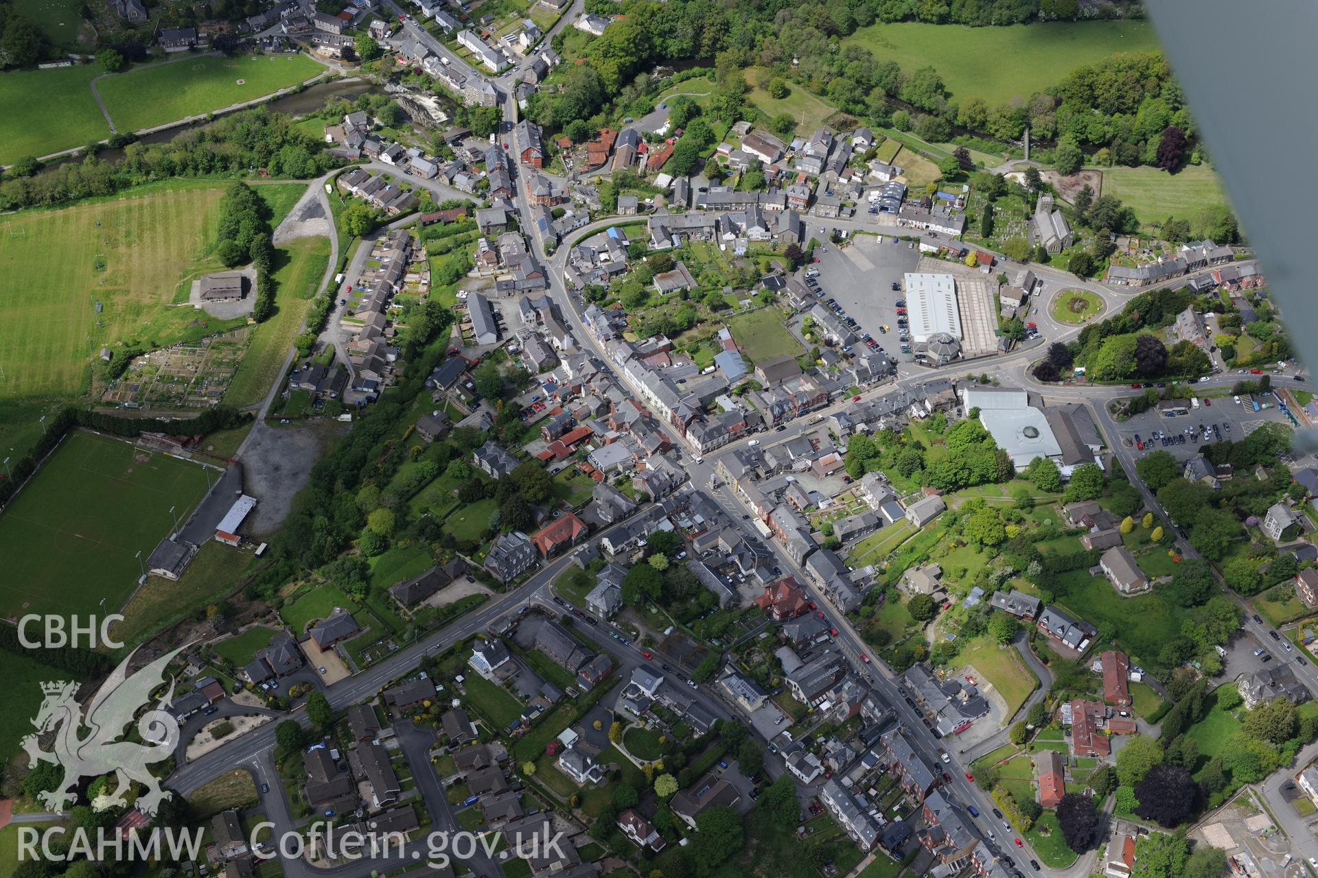 Rhayader town. Oblique aerial photograph taken during the Royal Commission's programme of archaeological aerial reconnaissance by Toby Driver on 3rd June 2015.