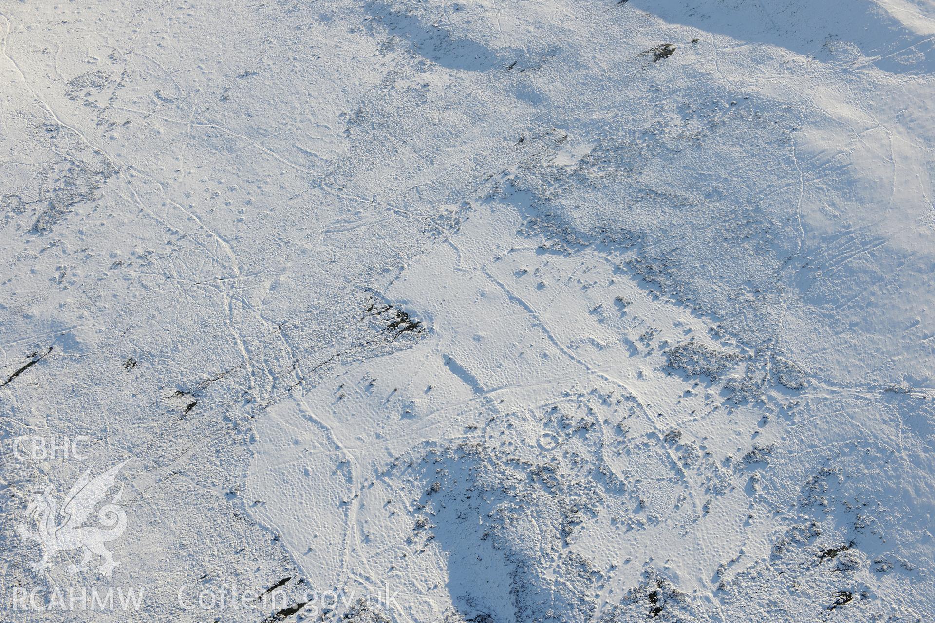 Carn Llwyd earthwork, Mynydd Carn Ingli. Oblique aerial photograph taken during the Royal Commission?s programme of archaeological aerial reconnaissance by Toby Driver on 24th January 2013.