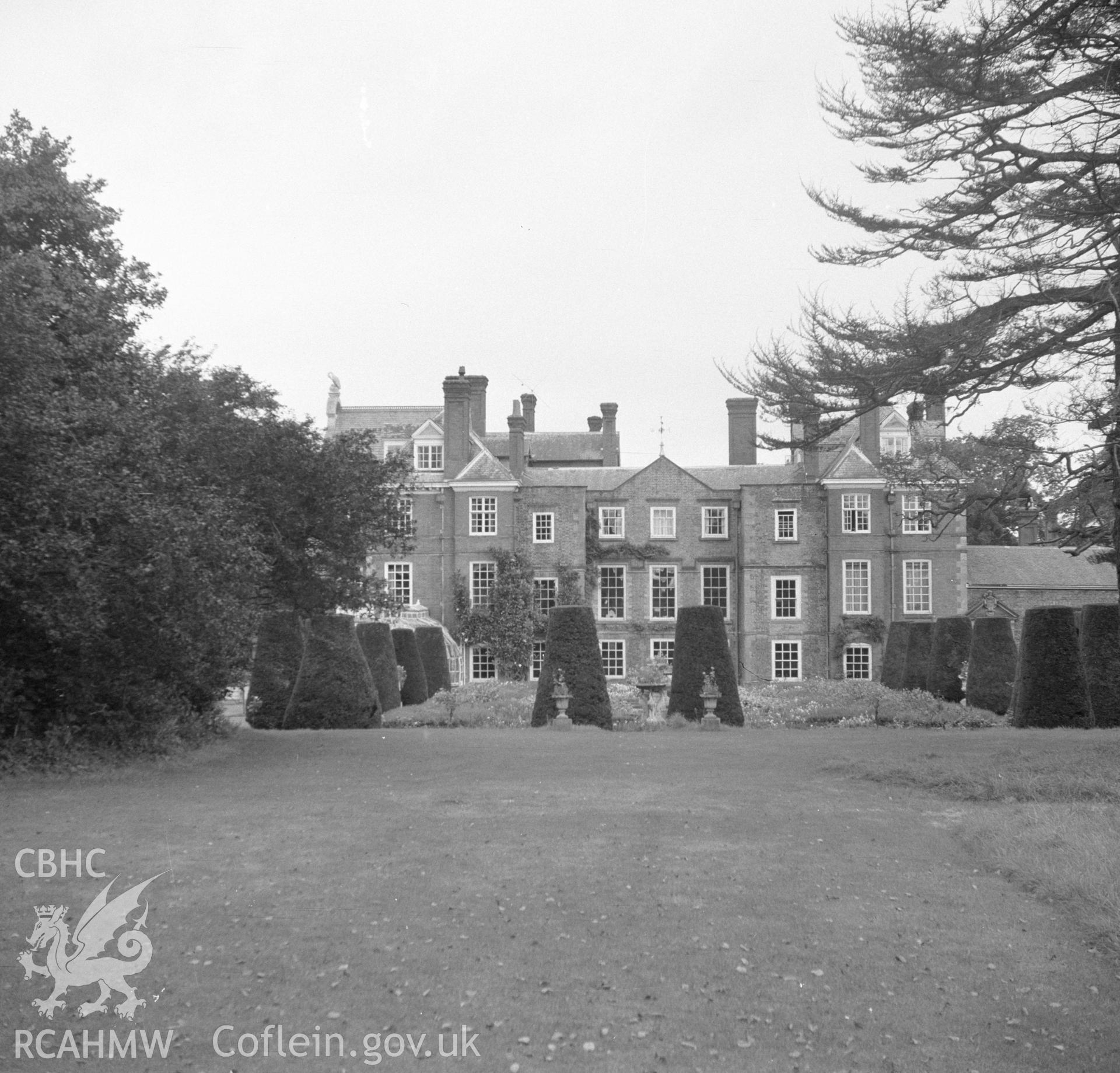 Digital copy of an undated nitrate negative showing view of Bodrhyddan Hall and gardens, Rhuddlan, Flintshire.