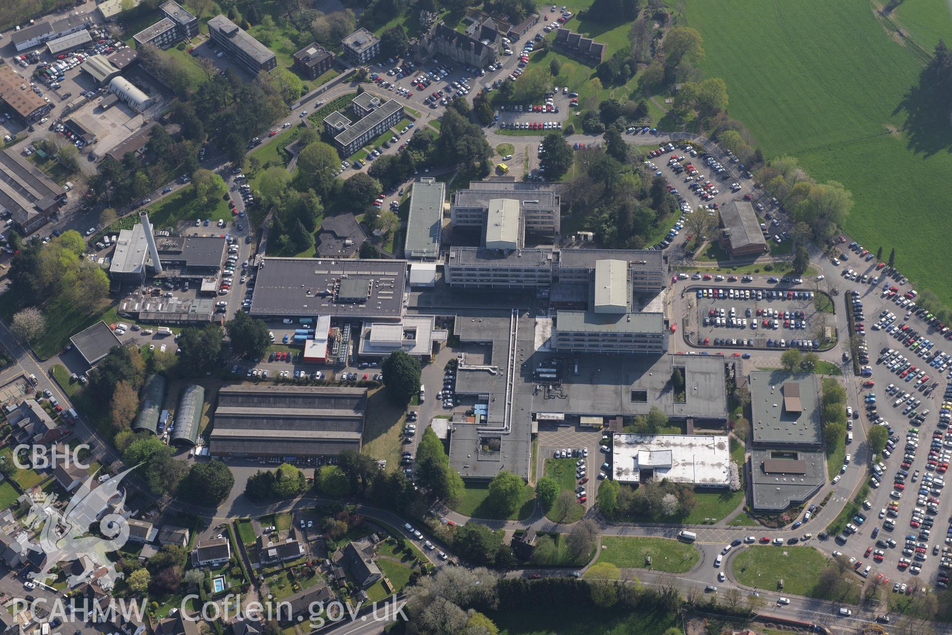 Nevill Hall Hospital, Old Nevill Hall and Nevill Hall Garden. Oblique aerial photograph taken during the Royal Commission's programme of archaeological aerial reconnaissance by Toby Driver on 21st April 2015