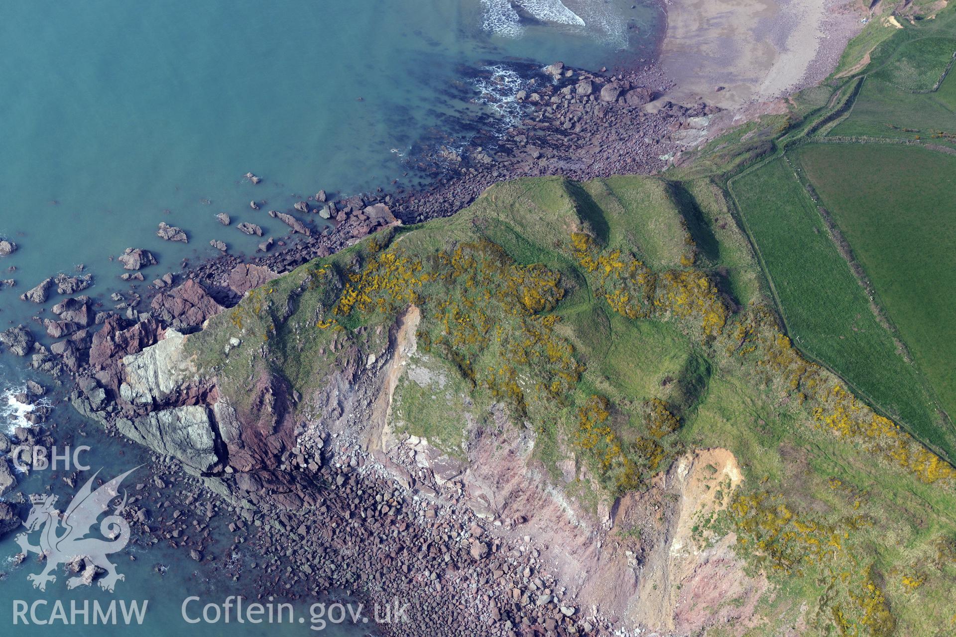 Aerial photography of Great Castle Head taken on 27th March 2017. Baseline aerial reconnaissance survey for the CHERISH Project. ? Crown: CHERISH PROJECT 2017. Produced with EU funds through the Ireland Wales Co-operation Programme 2014-2020. All material made freely available through the Open Government Licence.