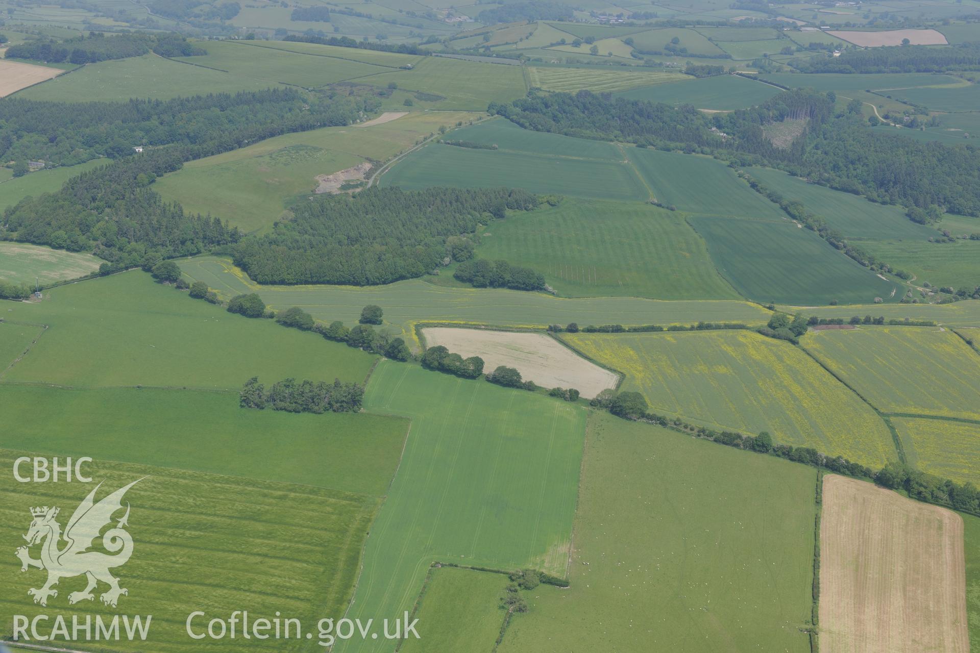 Section of Offa's Dyke near Prestigne. Oblique aerial photograph taken during the Royal Commission's programme of archaeological aerial reconnaissance by Toby Driver on 11th June 2015.