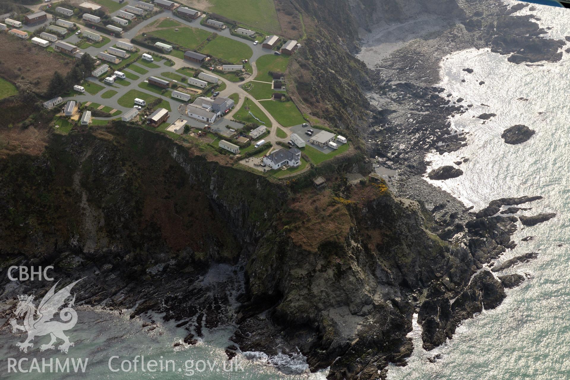 Royal Commission aerial photograph of Fishguard Battery taken on 27th March 2017. Baseline aerial reconnaissance survey for the CHERISH Project. ? Crown: CHERISH PROJECT 2017. Produced with EU funds through the Ireland Wales Co-operation Programme 2014-2020. All material made freely available through the Open Government Licence.