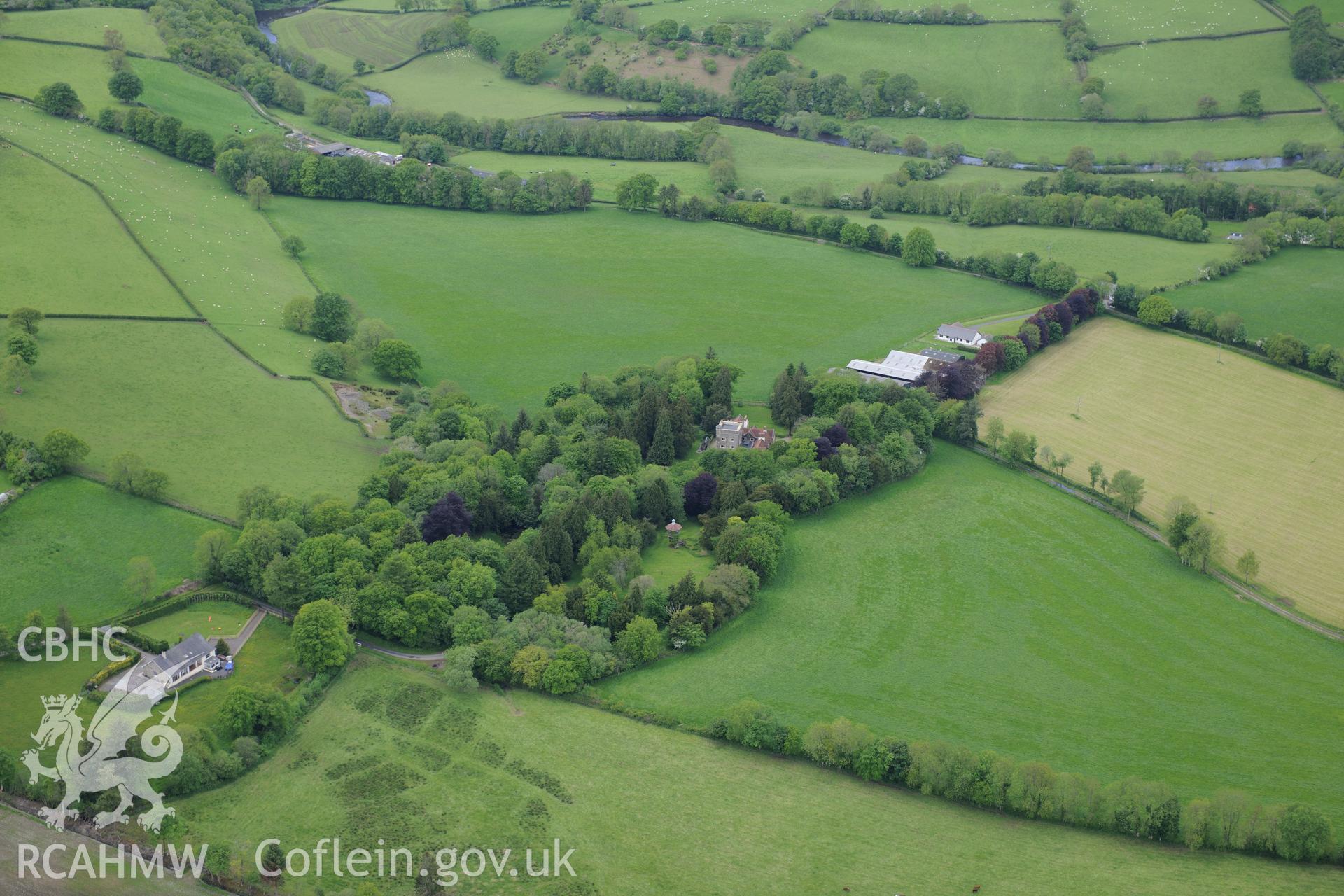 Maes-y-Crugiau Manor and Gardens, Llanllwni. Oblique aerial photograph taken during the Royal Commission's programme of archaeological aerial reconnaissance by Toby Driver on 3rd June 2015.