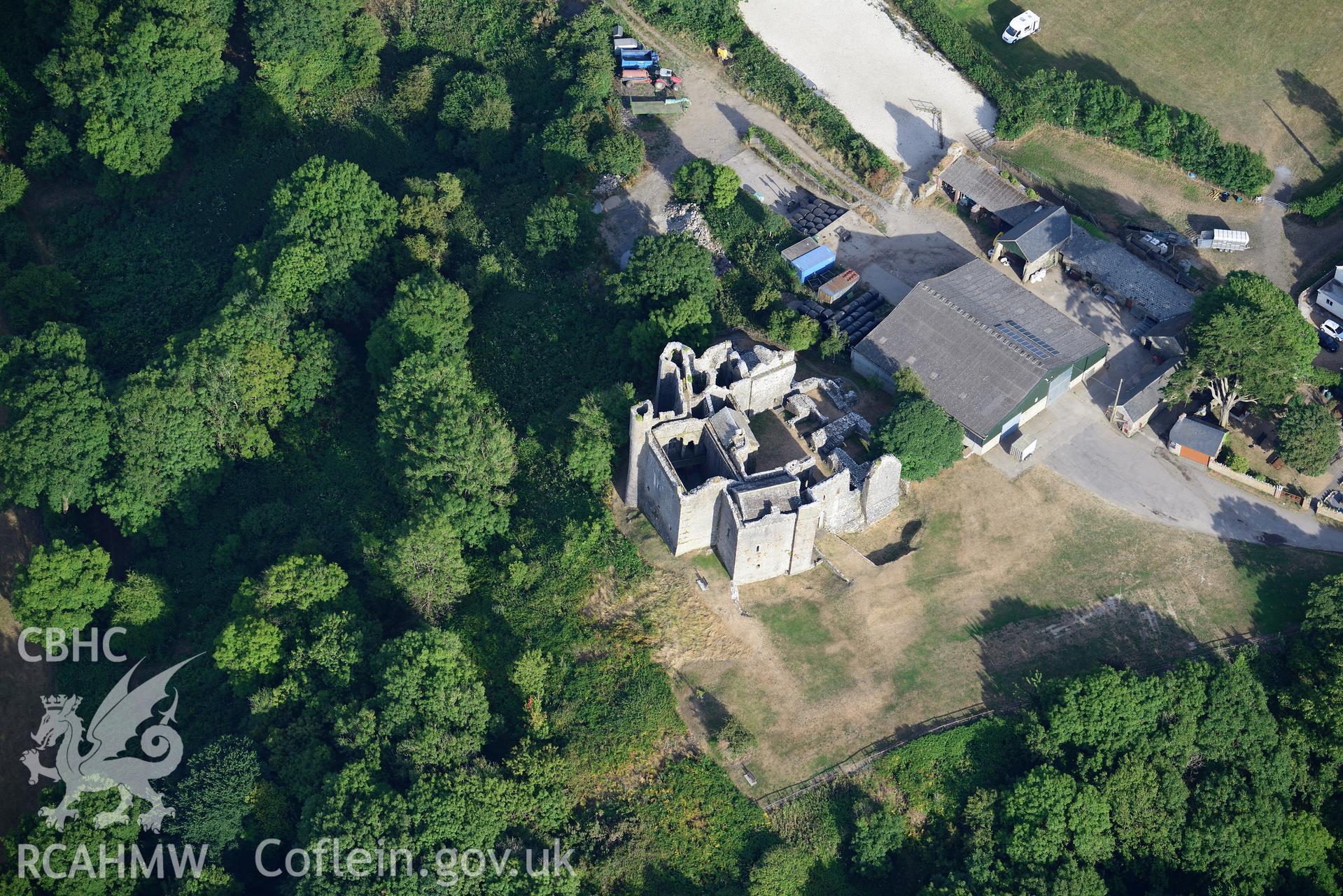 Royal Commission aerial photography of Weobley Castle, with parchmarks, taken on 17th July 2018 during the 2018 drought.