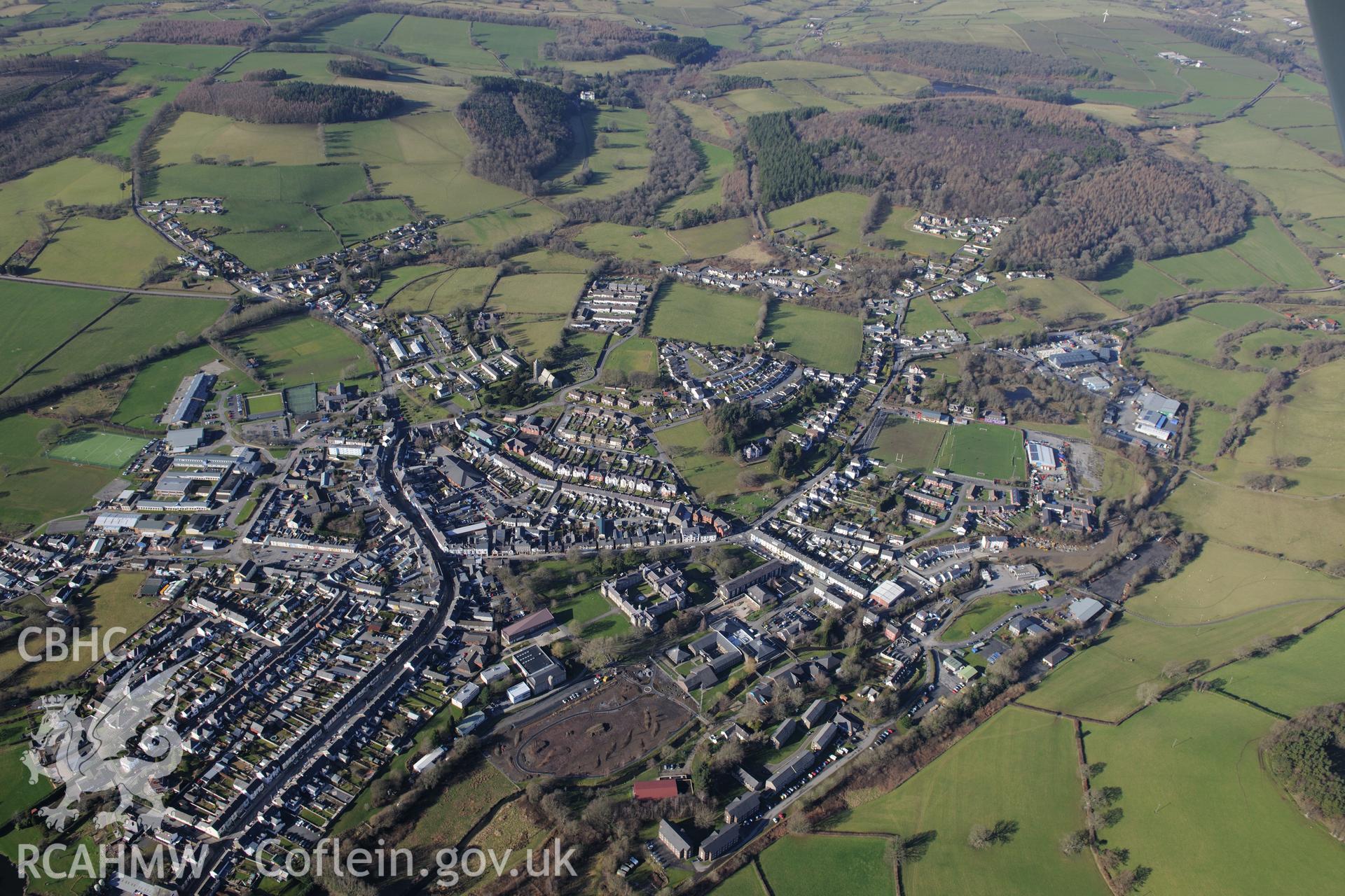 The Roderic Bowen Library and Archives at Lampeter University, in the town of Lampeter. Oblique aerial photograph taken during the Royal Commission's programme of archaeological aerial reconnaissance by Toby Driver on 4th February 2015.