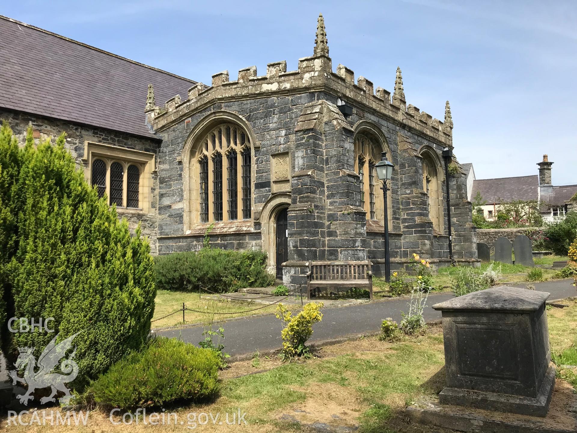 Colour photo showing external view of St. Grwst's Church, Llanrwst, taken by Paul R. Davis, 23rd June 2018.